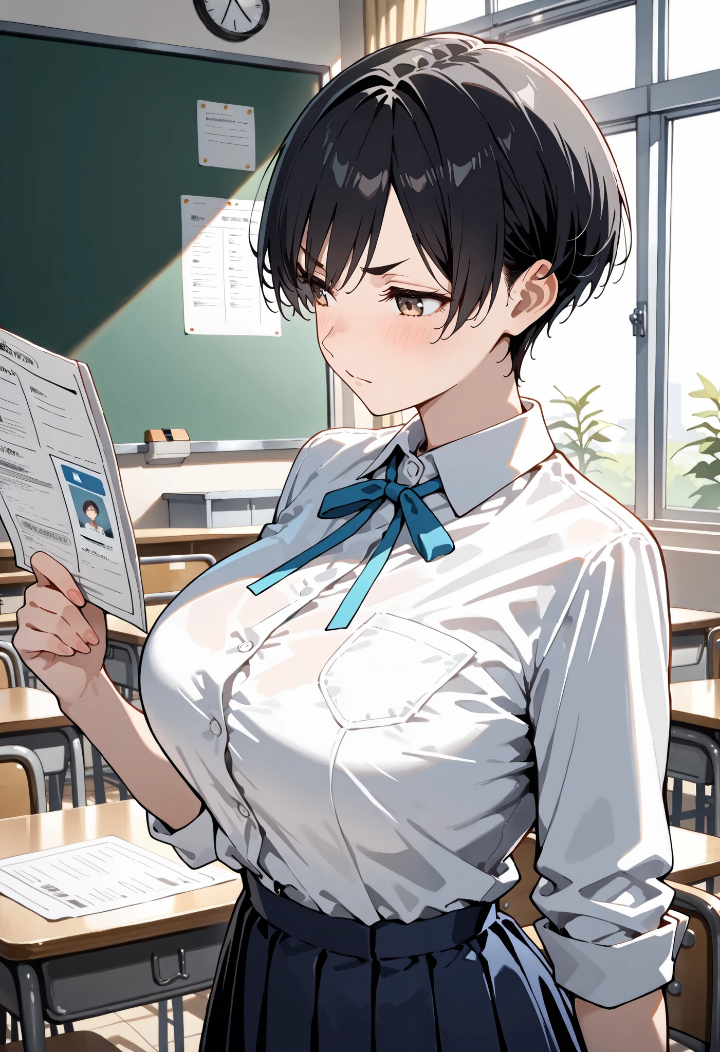 cute boyish girl ,very short hair, defined eyebrows, black hair, Aquiline nose, Techno Cut, big breasts:1.3,(((short stature))),Participating in a discussion, Distributing papers, navy skirt, White shirt , light blue ribbon ,class room, masterpiece, best quality, amazing quality, very aesthetic, newest, super detailed, ultra-detailed, extremely detailed