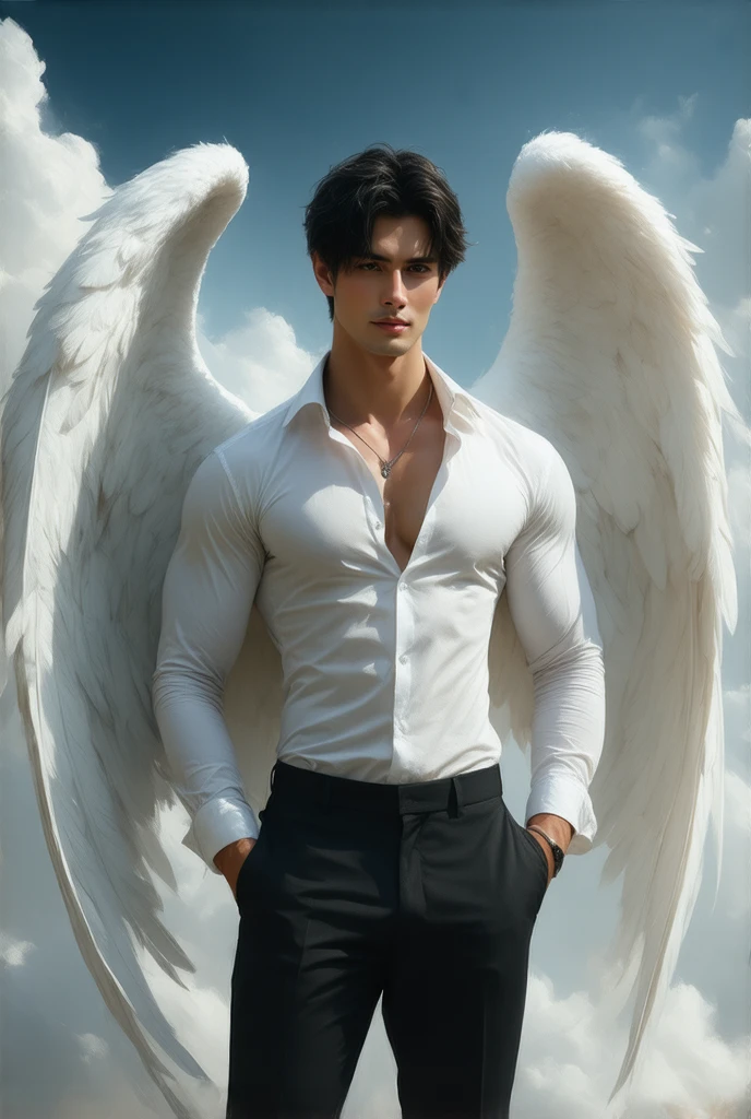 Describir en detalle la figura de un hombre, Archangel with angelic features turned completely to the left. torso denudo, grandes musculos, Como el pelo blanco, largo y liso, Las alas blancas y angelicales en su espalda, as well as its extremely striking beauty, encanto, The elegance and the angelic feeling that emanates from it. Imagine it on a stage with a white background, bathed in a radiant light, and explores how these elements combine to create a captivating, heavenly image.. (Hombre)