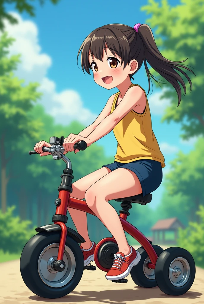 a girl riding a bicycle at full speed, trainerleaf1, trainerleaf1, sleeveless shirt, black wristbands, visible thighs, thick thighs, red skirt,blue shirt, brown eyes, lookin at viewer, smile, innocent look,