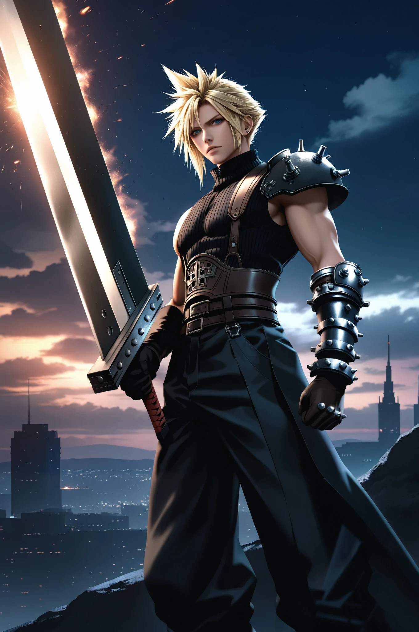 masterpiece, best quality, 2.5D, realistic, buster sword, holding buster sword, 1man, Cloud Strife, final fantasy, 1man, blonde_hair, outside, night time