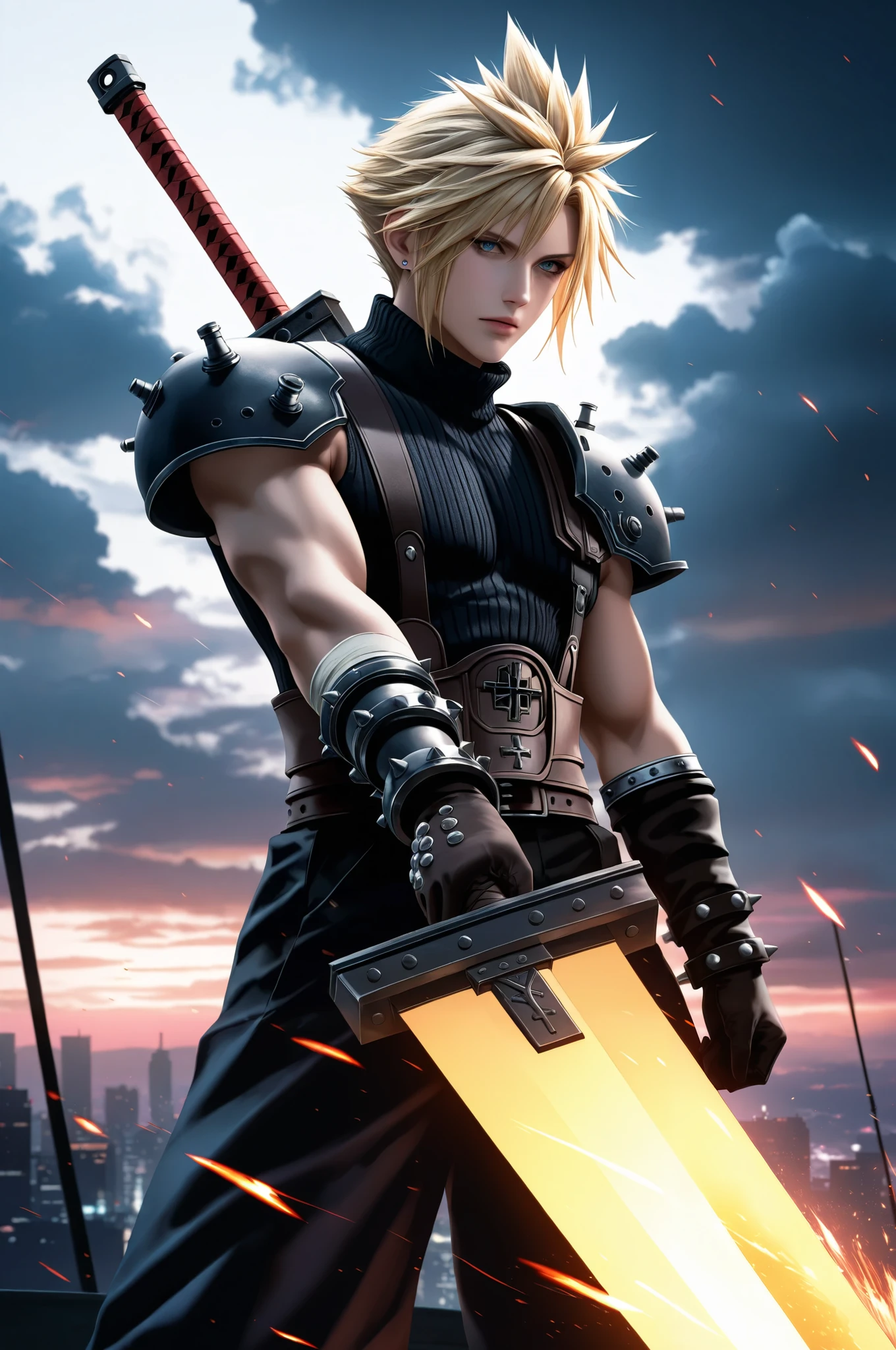 masterpiece, best quality, 2.5D, realistic, buster sword, holding buster sword, 1man, Cloud Strife, final fantasy, 1man, blonde_hair, outside, night time