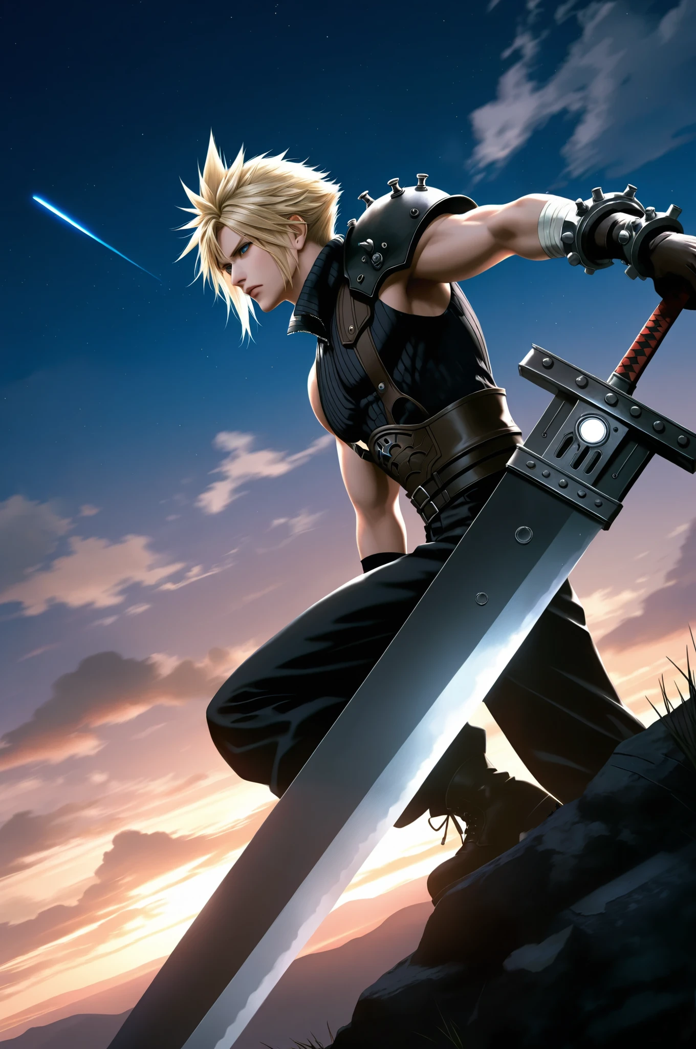 masterpiece, best quality, 2.5D, realistic, buster sword, holding buster sword, 1man, Cloud Strife, final fantasy, 1man, blonde_hair, outside, night time