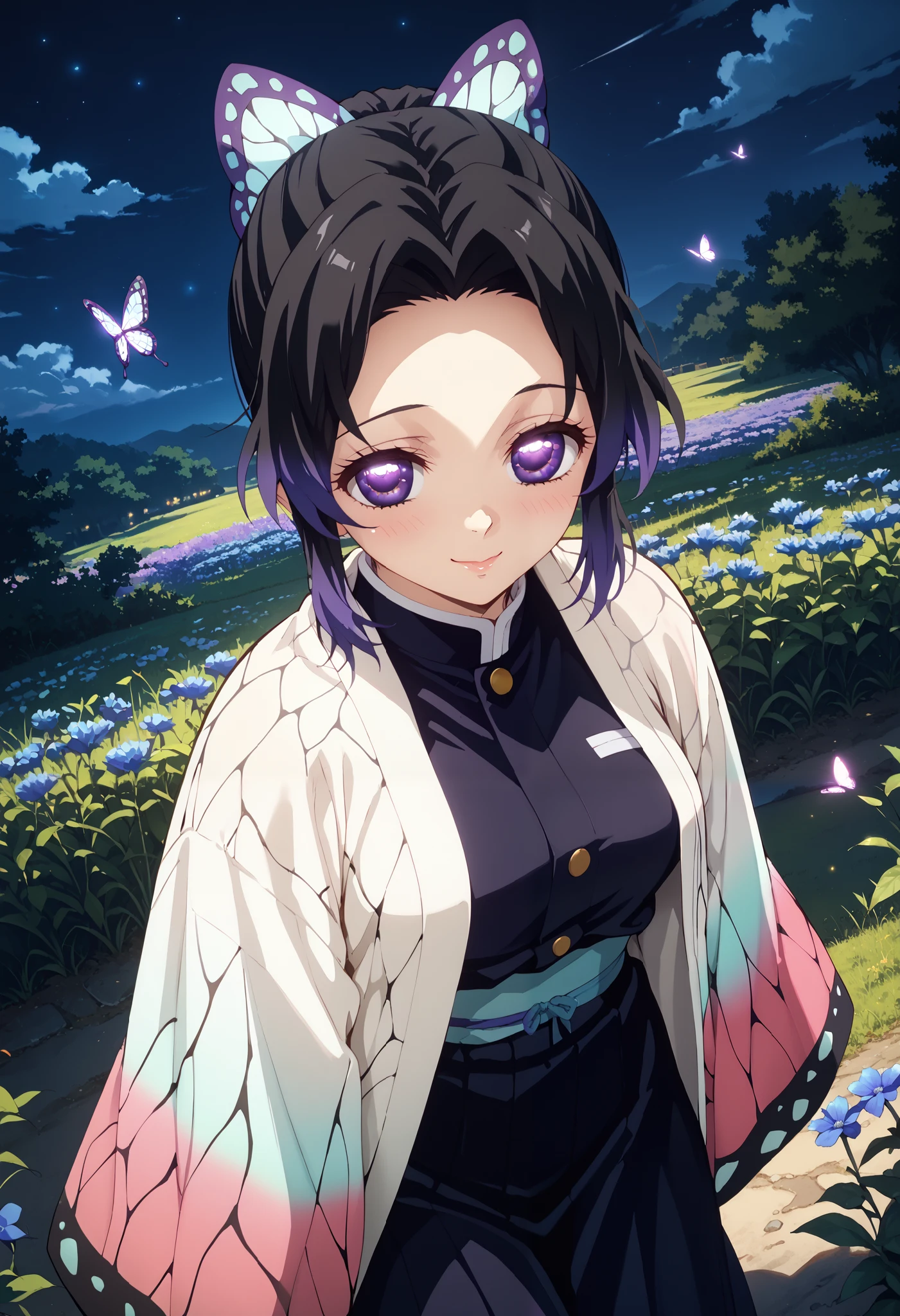 1girl, shinobu kochou, solo, dutch angle, from above, black hair, butterfly ribbon, gradient purple eyes, (beautiful detailed eyes: 1.4), beautiful kimono, shy smile, blush, cheerful pose, looking at sky, outdoors, night, blue flower field (glowing), fireflies, wallpaper, masterpiece, high quality, highly detailed