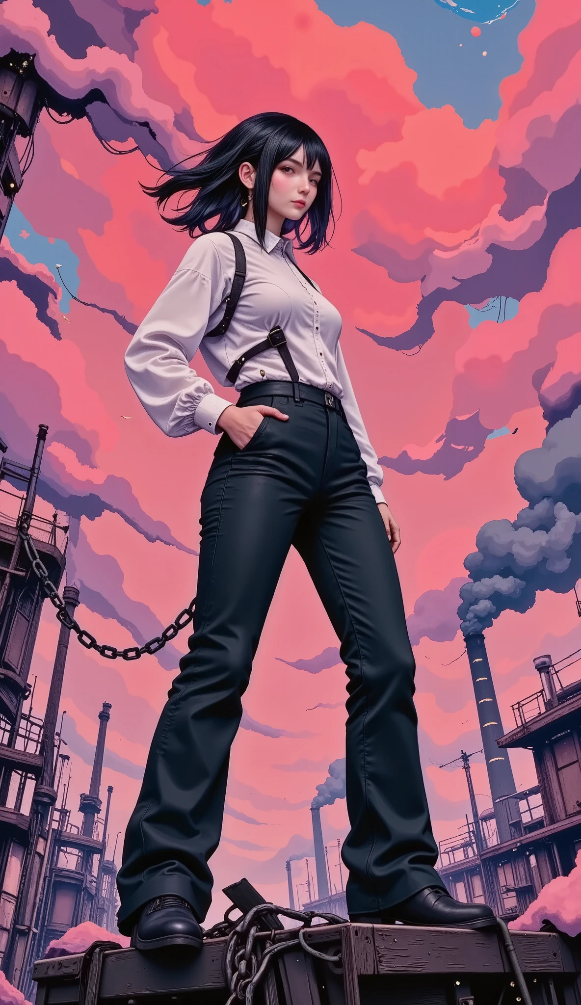 The woman stands confidently on the roof of a wagon Of ruined train , its silhouette outlined by the thick smoke that rises from industrial chimneys in the distance . His hair is swept back in a wild , roll , with locks caught in the wind . He's wearing a frayed bomber jacket about a cropped tank , with loose , high-waisted pants that inflate around their legs as the wind intensifies. Instead of an unfinished bag , he holds a heavy chain loose in his hand , the metal tinkles softly as it sways beside him . The scene is drenched in the deep reds and oranges of a smog-filled sunset , the horizon shining like an impending storm . The chaos of the industrial environment amplifies his unwavering spirit , as if he were reclaiming her place in a world on the brink of collapse .
