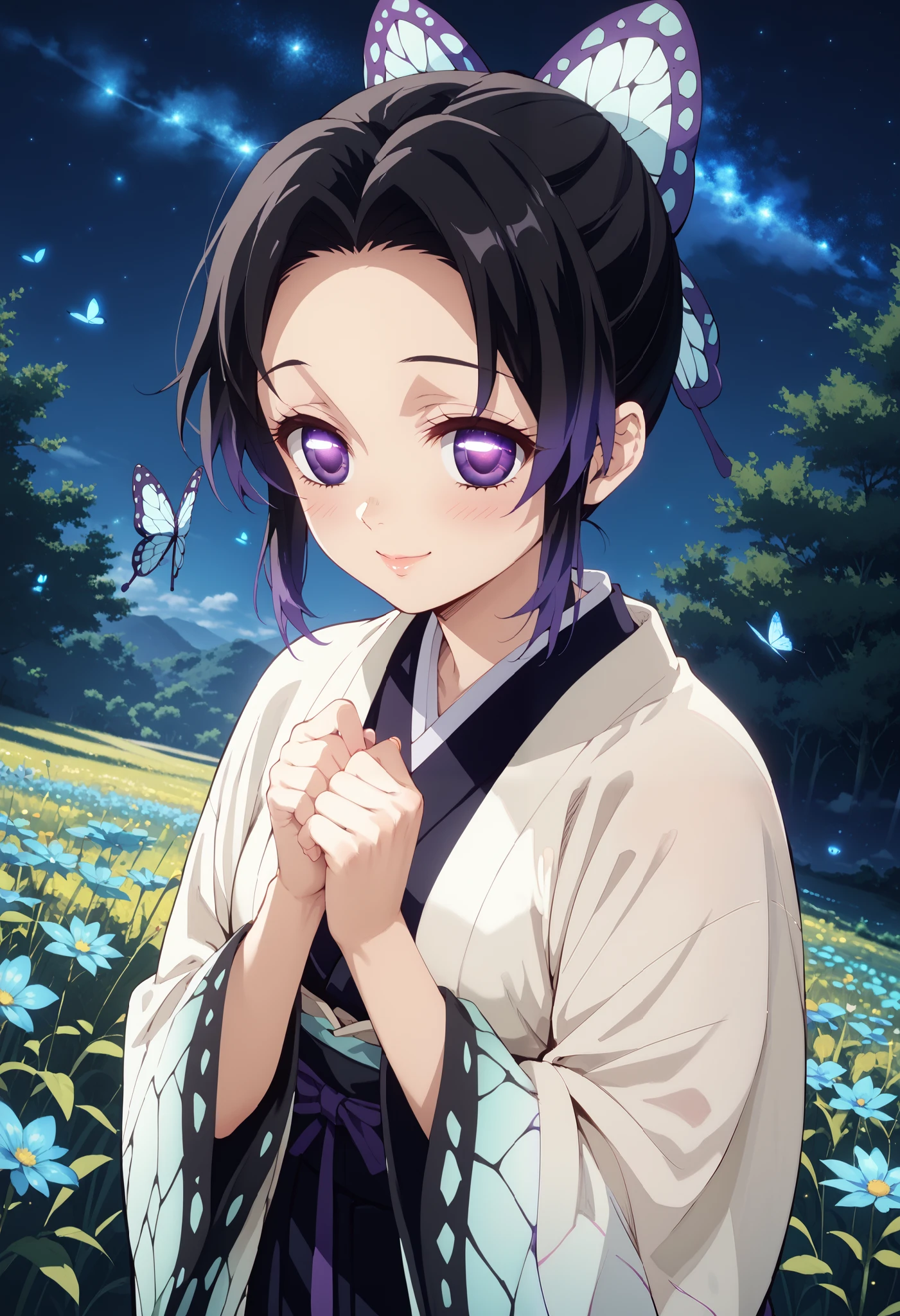 1girl, shinobu kochou, solo, dutch angle, black hair, butterfly ribbon, gradient purple eyes, (beautiful detailed eyes: 1.4), beautiful kimono, shy smile, blush, cheerful pose, looking at sky, outdoors, starry night, blue flower field (glowing), fireflies, wallpaper, masterpiece, high quality, highly detailed