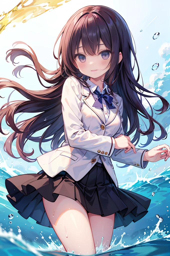 21 years old girl, wavy long hair, dark brown hair colour, blunt bangs, blue eyes, crystalline, crystall, flying