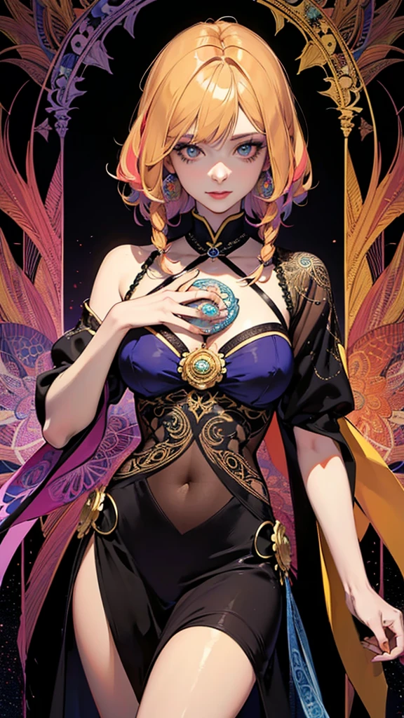 {Celestial hues, lofi, shiny aura, cute, pink hair, ((green eyes)), big pretty realistic eyes, ((cat girl), (huge breasts), (cleavage), sexy, submissive, highly detailed, holographic glowing motifs, geometric, perfect composition , beautiful, perfect eyes, full lips, 96k, best quality, full shot ))) (masterpiece, top quality, best quality, official art, beautiful and aesthetic:1.2), (1girl:1.3), extremely detailed,(fractal art:1.1),(colorful:1.1),highest detailed,(zentangle:1.2), (dynamic pose), (abstract background:1.5), (gradient bodysuit:1.2), (shiny skin), (gold metallic:1.4), arms behind back, ((underboob)), sexy expression, submissive, blushing,