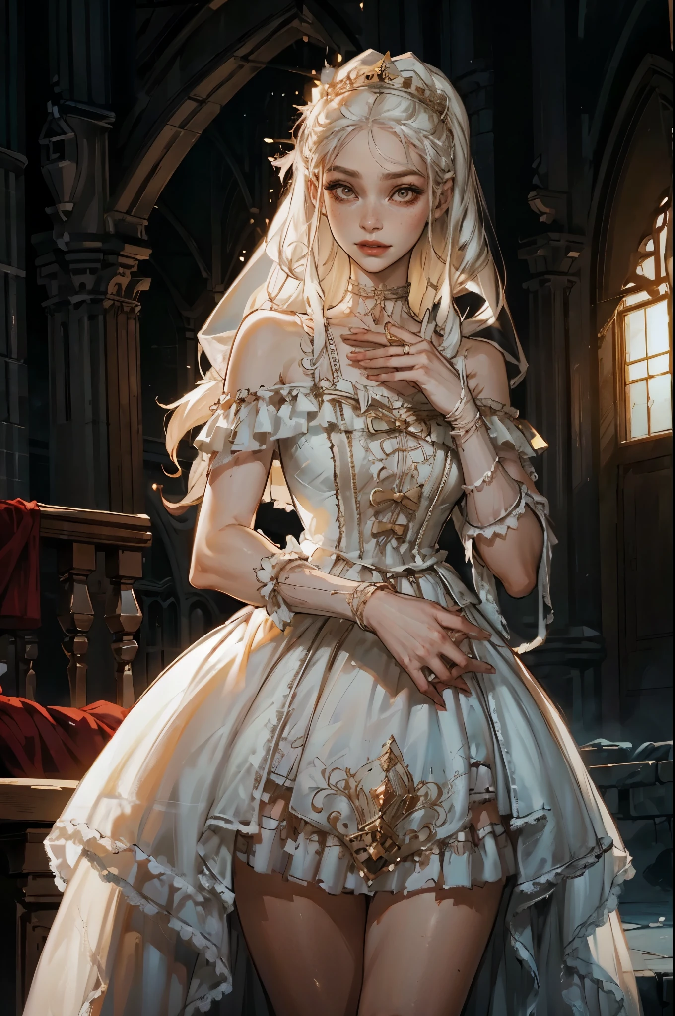 (high quality,HD,4k:1.2) a young noble girl, young noble vampire, anorexic body, a white long hair, a little shy smile, freckles, grey eyes, rich white clothes, pretty innocent face, gown made from silk, soft pale skin, gold rings on her fingers, choker on her neck, she a vampire daughter, a young noble girl, dark medieval ballroom on background, dark night on background