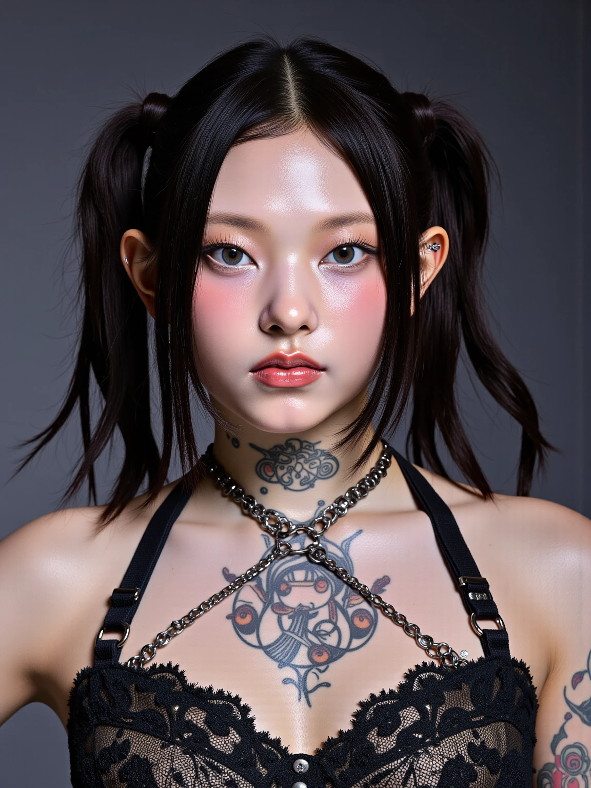 Sculpting sexy poses, (masterpiece:1.3), (8k, Realistic, RAW Photos, Highest quality:1.4), (1 female), Beautiful Face, Realistic face, (Detailed face), Beautiful Hairstyles, (Detailed Hair), Realistic eyes, (fine grain), Beautiful details, Realistic skin, (Detailed skin), Beautiful Skin, charm, Ultra-high resolution, Surrealism, Very detailed, (Large Breasts:0.5), The Beauty of Japan, (the body is slim), (sexy black cardigan), Mild, Brown Hair, (Supermodel body type), Cute Japanese Girl, Cute young Japanese girl, (Simple gray background), Large Breasts :1.2, Improved division, shy, Wide Shot, (whole body), (The naked body is decorated with a pattern made of black vinyl tape.,Bust Top,Her genitals are covered with tape cut in a leopard print pattern.. : 1.5),Long Hair,Red lipstick,((There'There is a big gap between the legs)),Black Tape Project