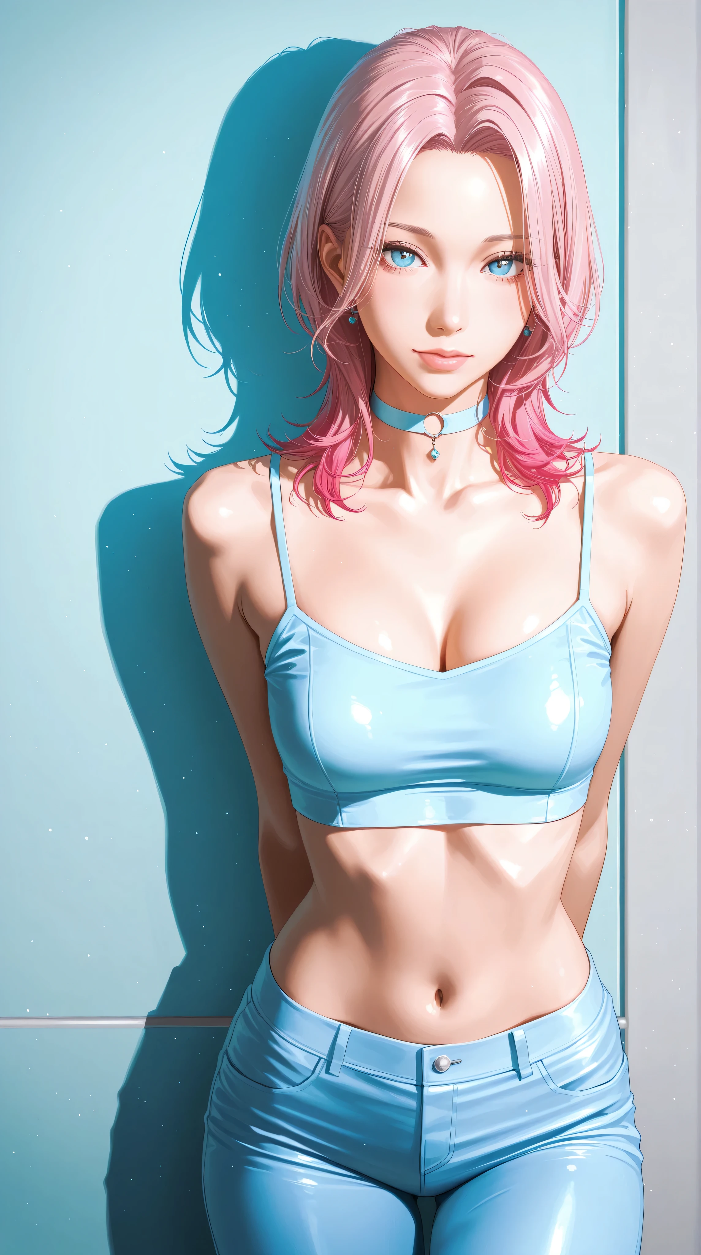 Medium and round breasts, she is charming ((beautiful and tanned woman, 29 years old)), ((strong pink hair color in a natural punk style, part of the hair behind the ear)), double eyelids, light red eyes, detailed eyes, hyper detailed, light effect on the eyes, detailed iris, with incredible breasts and perfect waist, and an extremely sensual body, ((blue cropped top with opening in the breasts, stylish shorts, with stripes in the light and stylish fabric, stylish and cool) ), ((round breasts))) , beautiful heavy makeup, cleavage, ((masterpiece, hyper realistic, hyper detailed, best quality, 16k, light and shadow effect on the skin, vivid colors)), eyeliner, passionate expression , perfect red lips, innocent and sexy face, tired expression, open mouth ((skin with light and shadow), beautifully seductive, ((she is a beautiful woman, with sensual body)), flirting with the viewer, in variable sensual pose , beautifully seductive, running on the treadmill, gym, glass walls ((delicate and sensual sensual pose variables)), sweaty, sweat