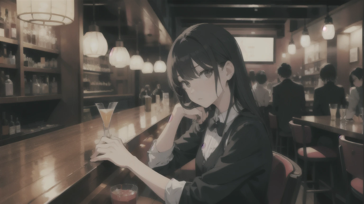 Girls in their 20s, bar, Sophisticated Atmosphere , Sulky, cocktails, chic.