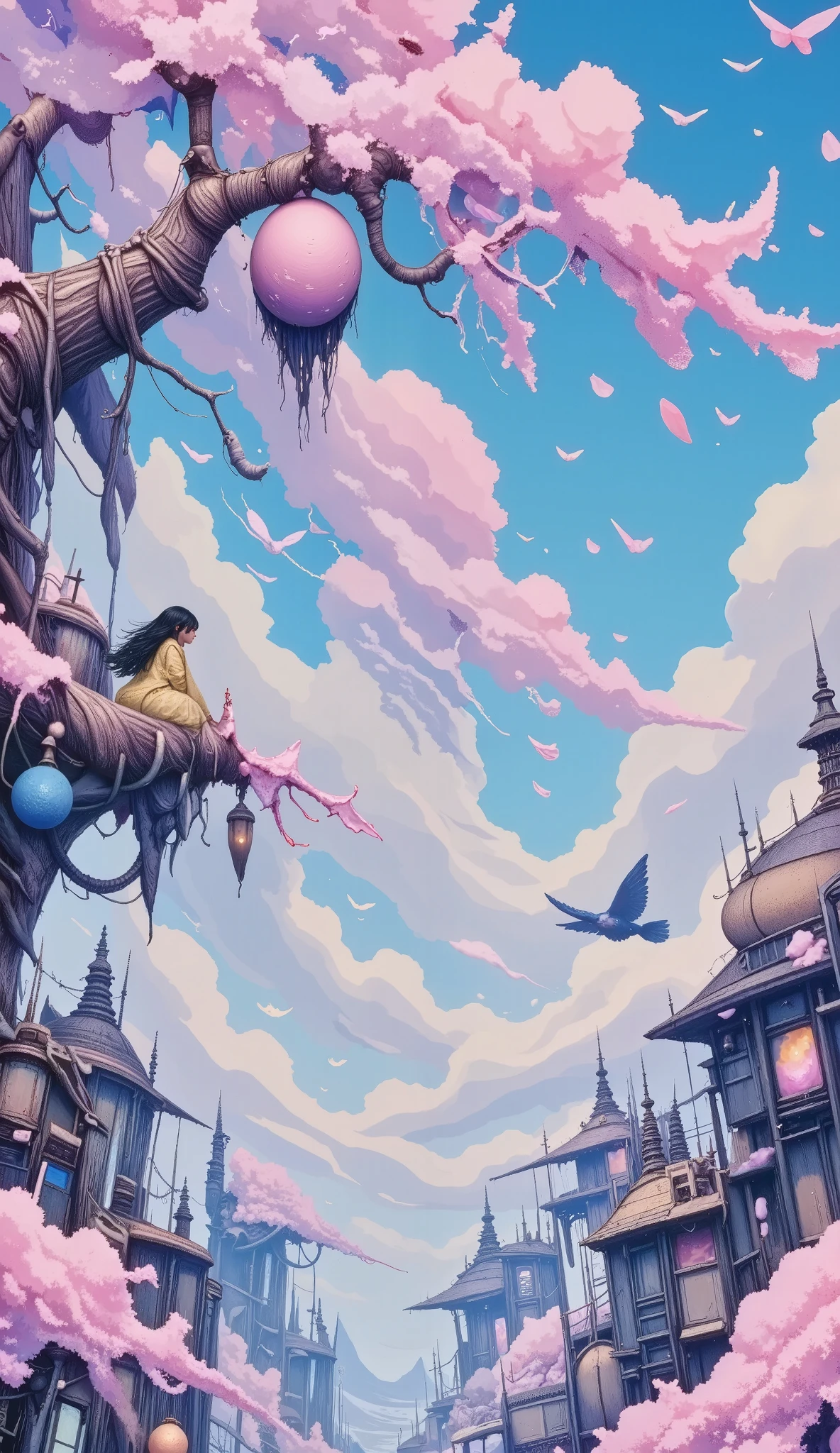 a surreal dream landscape, by Rob Gonsalves, best quality, masterpiece, highly aesthetic, perfect composition, intricate details, ultra-detailed, vibrant colors, dramatic lighting, ethereal atmosphere, dreamlike, fantastical elements, thought-provoking, imaginative, surreal architecture, floating islands, mystical, mesmerizing, magical realism, cinematic, cinematic composition