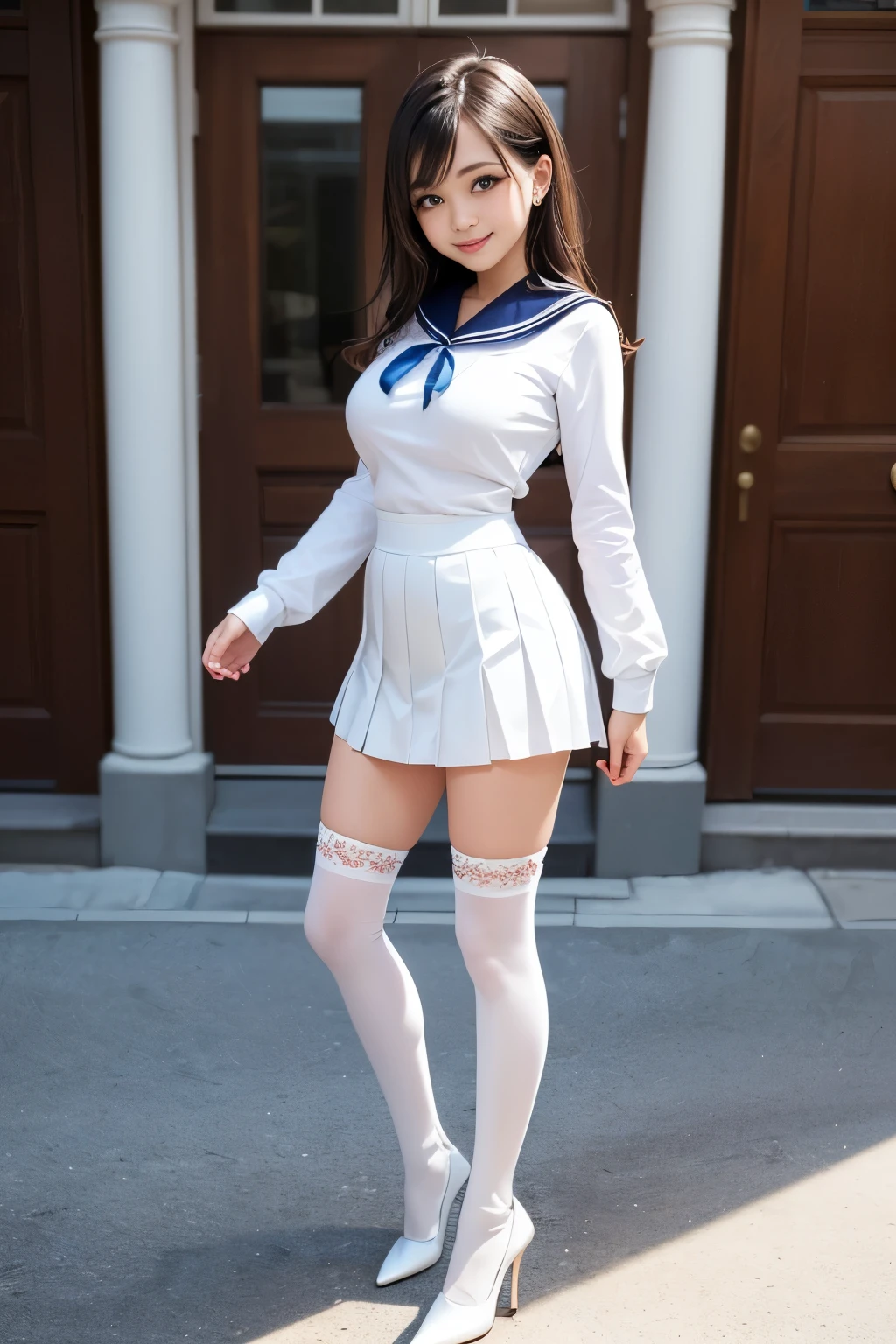 1 female,(((sailor suit))),((skirt lift)),show off panties,((lace pantie)),,shy、blush,(red cheek)、thighhighs,((loafers)),curvy thighs,Breathless face、sweating、Excited facial expression、Long Hair、Realistic,High resolution,Soft Light,Large Breasts, blue eyes,arched_back