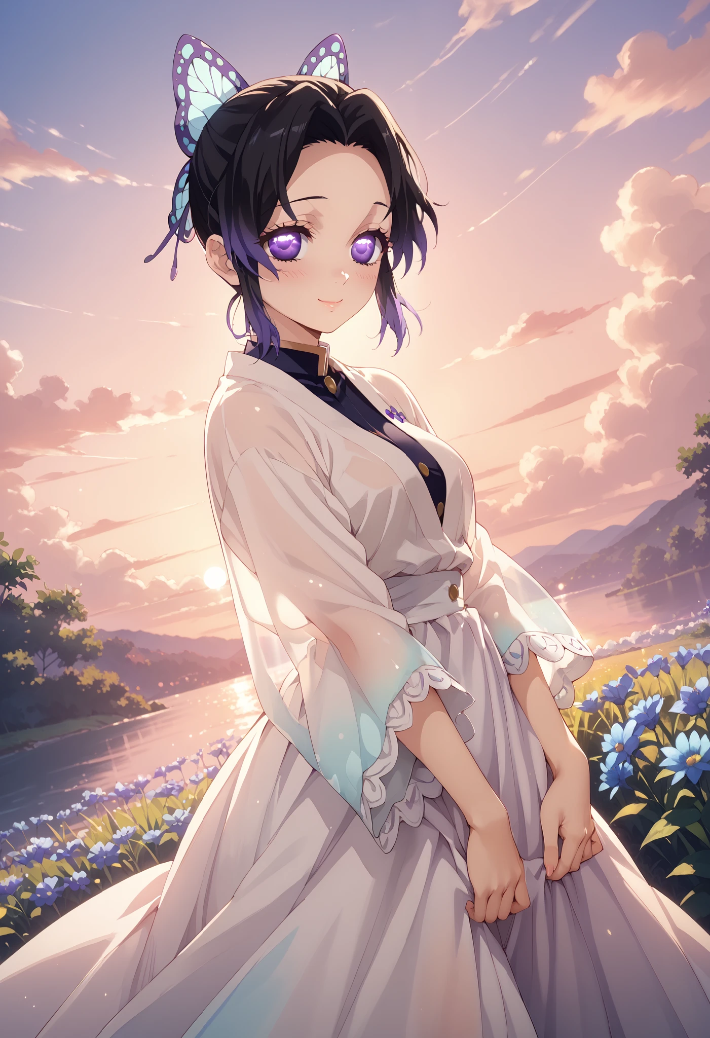 1girl, shinobu kochou, solo, dutch angle, black hair, butterfly ribbon, gradient purple eyes, (beautiful detailed eyes: 1.4), beautiful long dress, shy smile, blush, arms spread, cheerful pose, looking at sky, outdoors, blue flower field (glowing), beautiful sunset, wallpaper, masterpiece, high quality, highly detailed