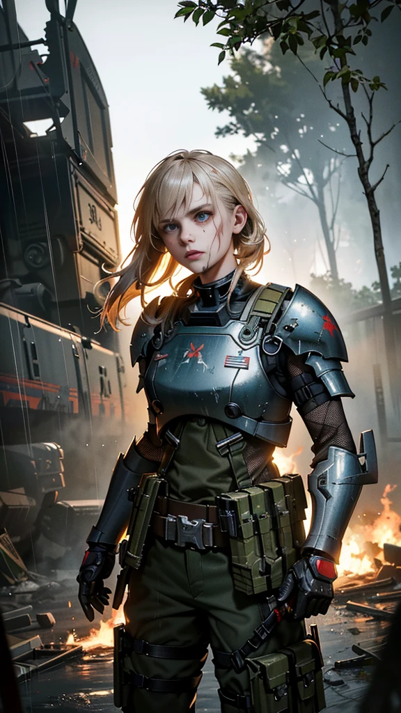 Postapocalyptic combat scene with a Beautiful hyperrealistic photograph of cute Young American woman with Runic tattoos, ((dirty face Blood splattered)), (((wearing full heavy mecha armor, combat harness, Neon highlights))) Short Blonde Dreadlocks, combat pose, (((Holding on to the side of a combat Sci-Fi Combat helicopter))), exterior of Destroyed building, Fires, Smoke, debris, Camo netting, Ammo Boxes abstract beauty, near perfection, pure form, intricate detail, 8k post-production, High resolution, super Detail, trending on ArtStation, sharp focus, studio photos, intricate detail, Very detailed, By Greg Rutkowski