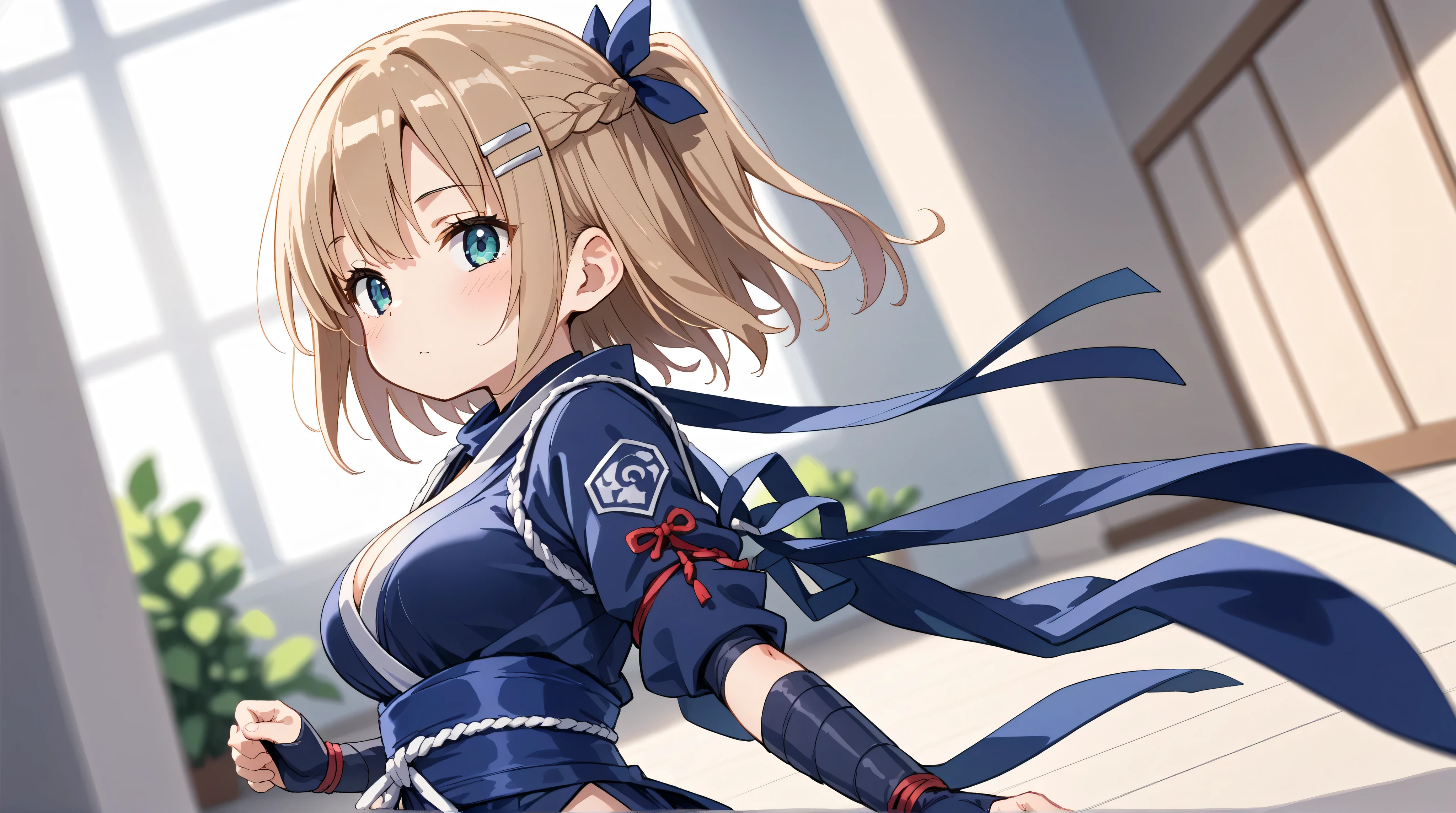 master piece, best quality, 2D, anime, anime-style, lineart, watercolor,
BREAK
(:0.0), (loli:1.1), 14yo, (one girl:1.5), (solo:1.5),
BREAK
medium, fair skin,
BREAK
(:1.5), (:1.0),
BREAK
light brown hair, (short hair:1.0), half updo, braided hairstyle,
BREAK
hairpin, hair ribbon,
BREAK
amethyst eyes, (tareme:1.0),
BREAK
(blush:1.4), (expressionless:1.3), (sweat:0.2), (:1.0),
BREAK
(looking down:0.0), (looking ahead:1.4), (side glance:0.0),
BREAK
(cowboy shot:1.0),
BREAK
(show off bra:0.0), (show off panites:0.0),
BREAK
(dynamic angle:1.0), (depth of field:1.5), (blurry background:1.5),
portrait, (focus on :0.0),
(from side:0.3), (from below:0.0), (:1.0),
BREAK
(drop shadow on the face:1.5), (backlighting:1.0),
BREAK
(wafuku:1.2), (:0.0), (short skirt:1.0),
BREAK
(blue ninja on black inner wear:1.5), action pose, a ninja with a covered face,
BREAK
white wall, white floor,