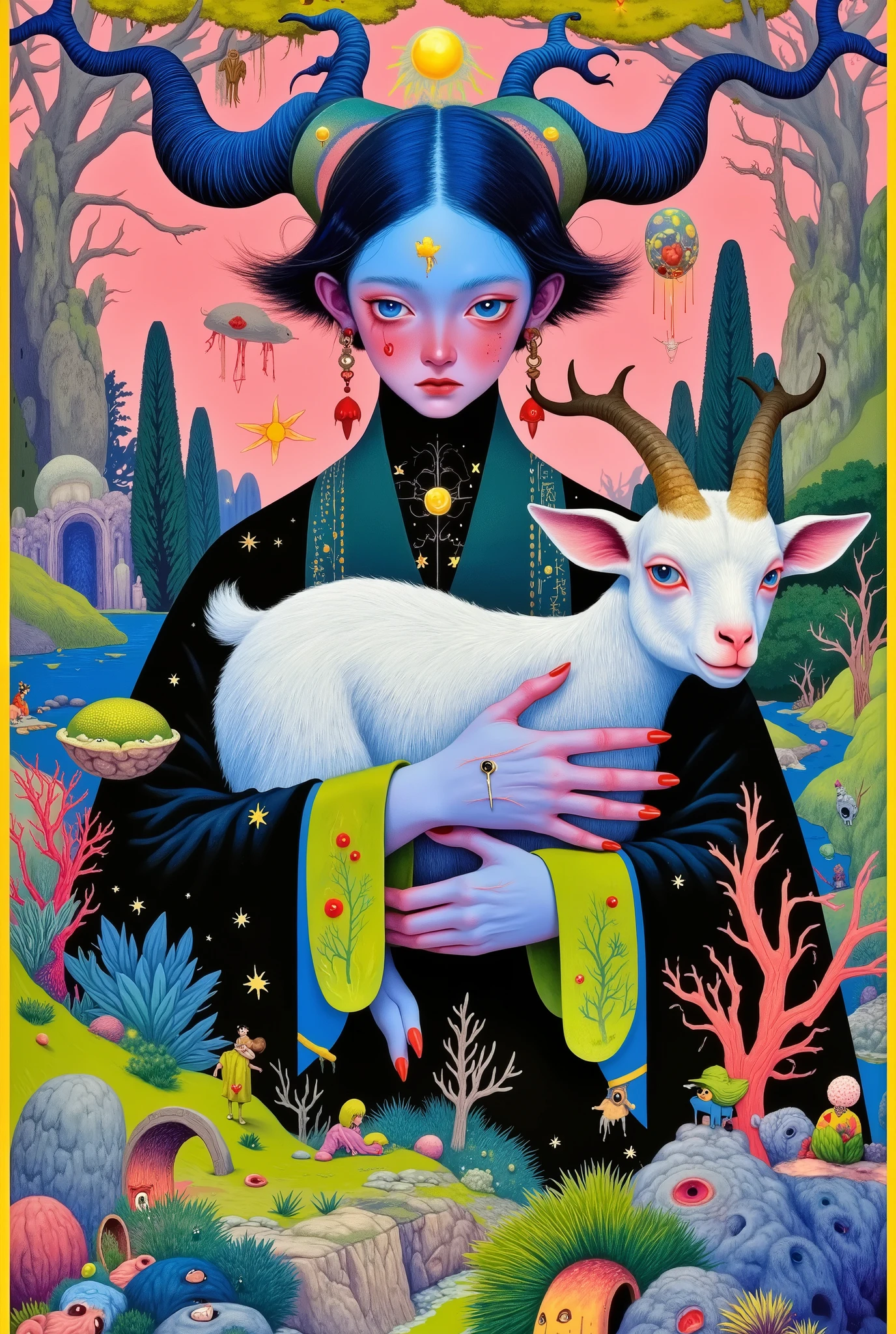 a painting of a woman with horns holding a goat, an ultrafine detailed painting by Tooth Wu, trending on cg society, pop surrealism, beeple and jeremiah ketner, japanese pop surrealism, japanese popsurrealism, beeple and james jean, james jean and wlop, jen bartel, lowbrow pop surrealism, painting by android jones