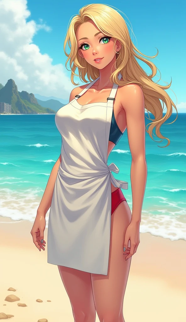 (masterpiece, top quality, best quality, official art, beautiful and aesthetic:1.2), (half-body-shot (back shot):1.3), (Hourglass figure:1.2),(Detailed face:1.2), (Detailed eyes:1.2), (Hourglass figure:1.2), (1girl:1.3), (gorgeous face), extremely detailed, portrait, looking from behind, solo, (full body:0.6), (Hourglass figure:1.2), beautiful middle-aged woman, 36-years-old, tan olive skin, short hair, honey blonde hair, pony tail style hair, green eyes, approximately 5'2" tall, ((Wearing a flossing green bikini and sunglasses)), walking, ((holding a beer can in one hand)), beautiful beaches, palm trees, beach resort, beach vacation, summer getaway, relaxed atmosphere, cinematic lighting, sunset, detailed background