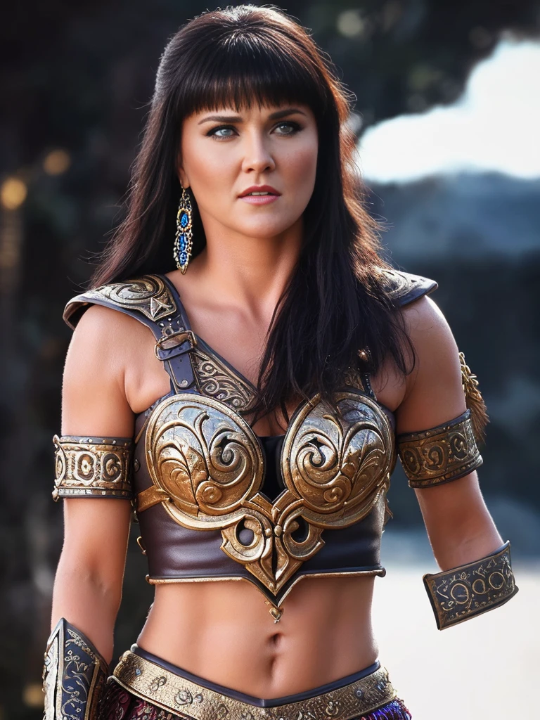 Una mujer vestida como Xena, The warrior princess and with a strange style of hair and makeup, Pose for the cover of a rock metal album. (La mejor calidad) obra maestra (pechos grandes) ((cabello rubio)) (cuerpo delgado)
