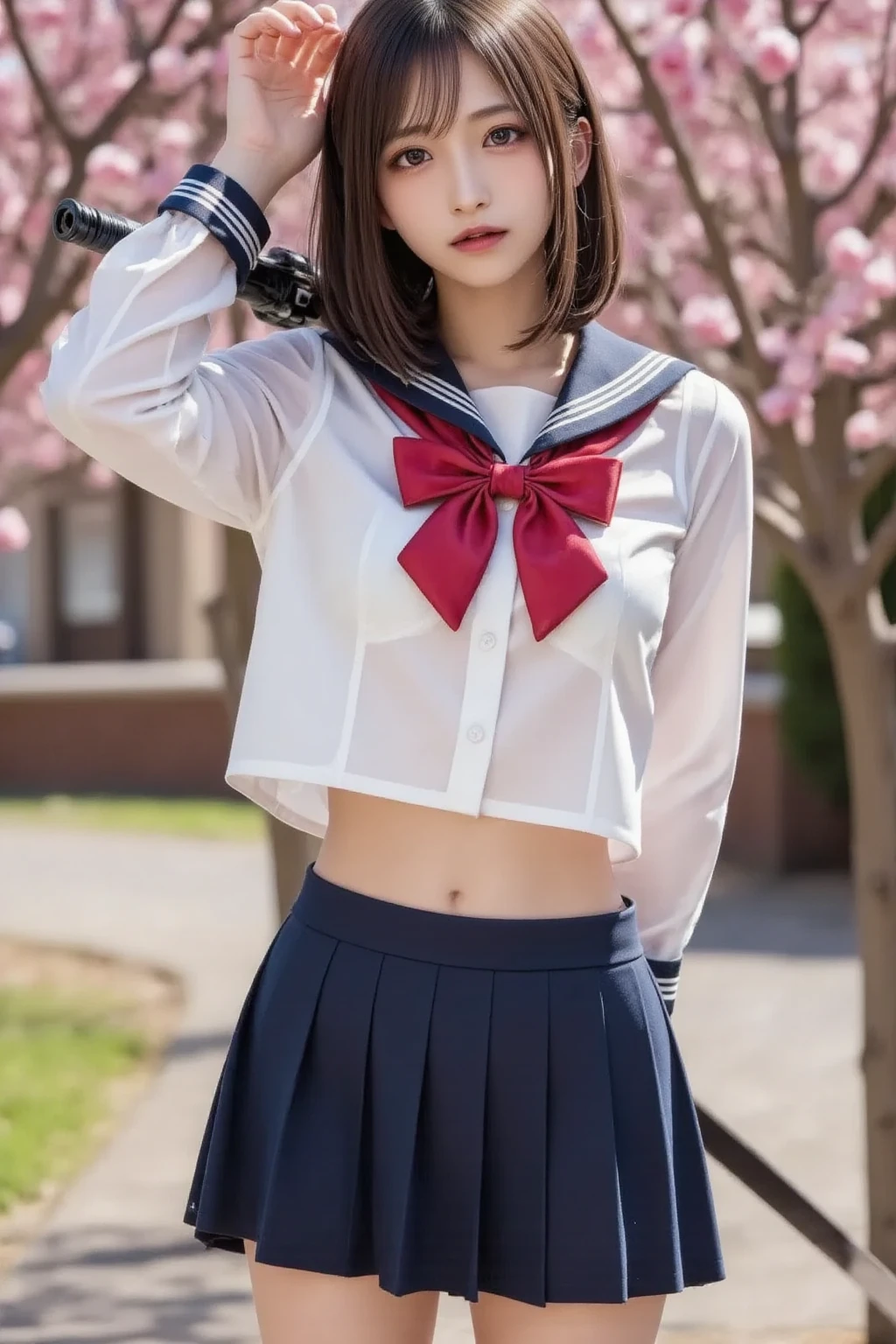 Masterpiece, Best-quality, RAW-photo, Ultra-High-Resolution, Photorealistic, angle from below,
(Anatomically correct, 16-years-old, viewer's lover, She truly loves viewers, baby face, cute face, Perfect body, slim waist and busty body, Slender legs, Large breast, Realistic skin, angle from below, Show your whole body style),
((Wear White sailor uniform, long red ribbon, long sleeves, navy frill mini skirt:1.3)),
(maiko, Round face, Black hair, Moist eyes, Shining eyes, Short bob cut, Bangs, Down-slating eyebrows, one little earring, Light blush),
(Look down at the viewer from above, show the soles of feet, See photographer, eating soft serve ice cream),
(sensual smile, parted lips, Squint eyes and smile, stick out tongue),
(school playground, ground),
Natural lighting, full length, angle from below,