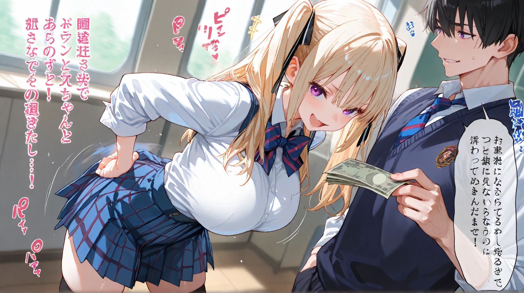 1girl and 1man, duo, indoors, love hotel, background, (view from side), small breasts, nipples, (money), prostitution, long hair, young girl, blush, blond hair, twintails, a man fucks her virgin pussy, vaginal, virgin, (defloration), pain, tears, doggystyle, vaginal,  trickle of blood, on bed, grasping sheets, fat man, detailed thick female pubic hair, (big penis), thrusting, open and unbuttoned school-shirt, skirt, love hotel room, heavy atmosphere, thrusting, (motion lines), (dark room), virgin blood, old fat man, top down ass up, blood on bedsheet, clenched teeth, randoseru, red bagpack,