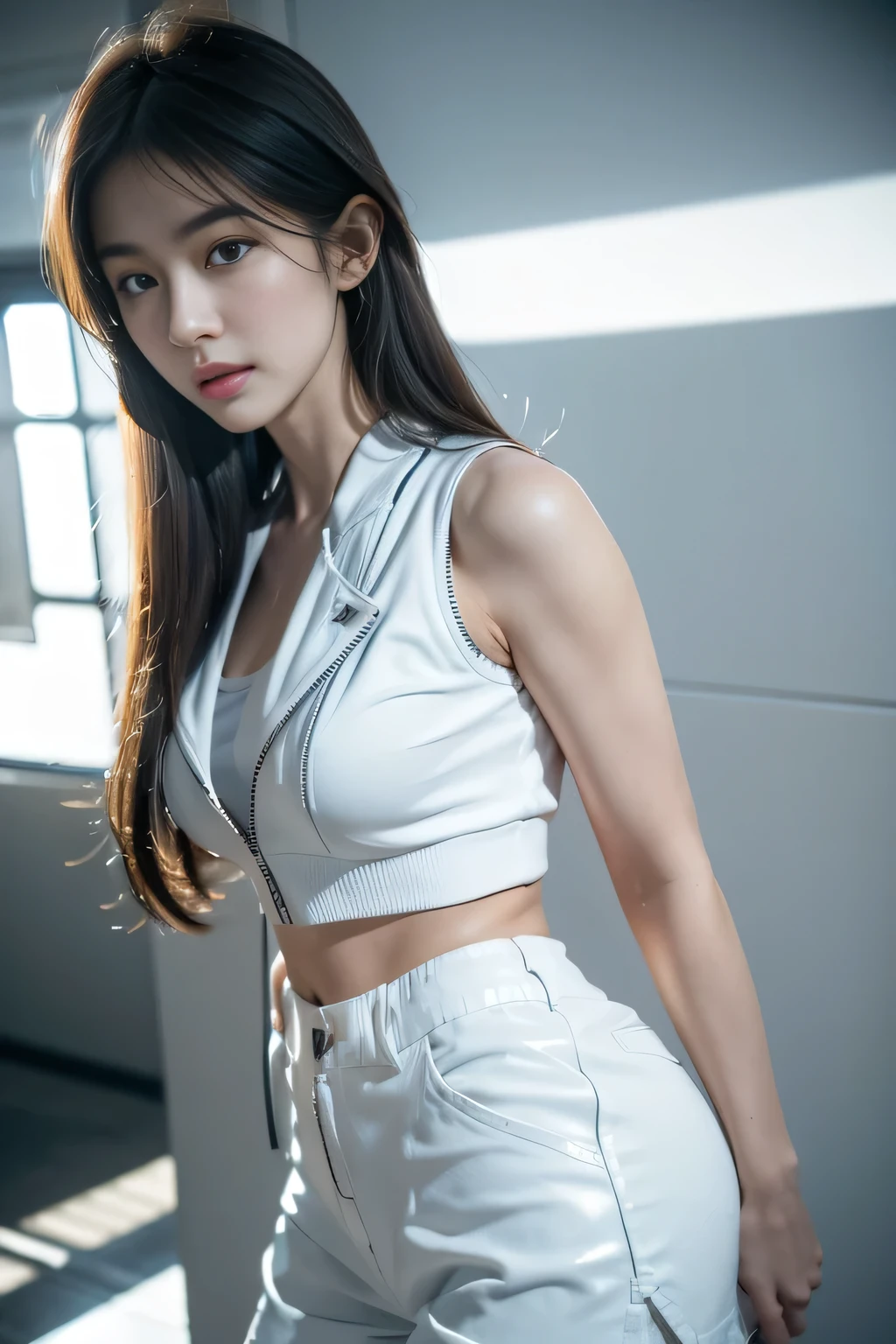 masterpiece,best quality,high resolution,8K,(Portrait Photography:1.5),(R Original Photo),real picture,Digital Photography,(A fusion of cyberpunk and fantasy),(Female Soldiers),20 year old girl,Feel free to hairstyle,By Bangs,(Pink Eye, Accessories,Red lips,(He frowned,sneer),(Combination of cyberpunk and fantasy style clothing,hollow-carved design,Combined Armor,,White jacket,green),Show your belly button,Photo poses,Realistic style,Thunder and lightning in rainy days,(Thunder magic),oc render reflection texture