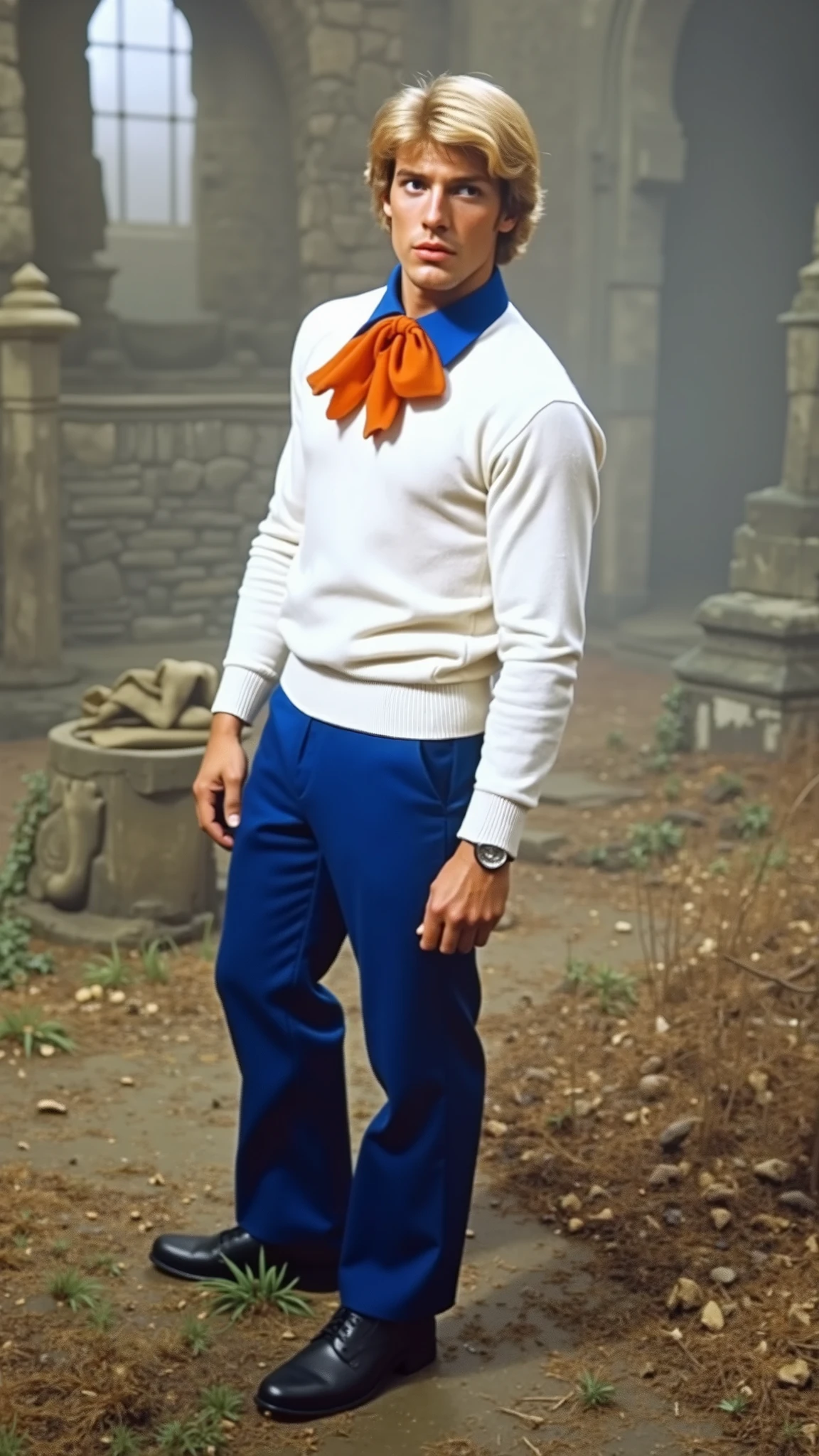 A realistic representation of Fred Jones from Scooby-Doo as a dark fantasy character, stylized in a 1970s Panavision cinematic look, with strong lighting and shadows. A young man with neatly combed blond hair, 60s style wearing a white sweater with a blue collar and an orange scarf, blue pants, athletic body and attractive appearance befitting of young people of the 60s. His realistic appearance follows the lines of the original animation, which makes the image more impactful, the transcription of a cartoon character into an ultra-realistic vision. He is confident, exuding leadership, with a dark and mysterious aura. The setting includes eerie fog, gothic ruins and deep shadows, emphasizing the dark fantasy theme. Ultra-detailed textures on your clothes and face, with cinematic realism and dramatic lighting.
