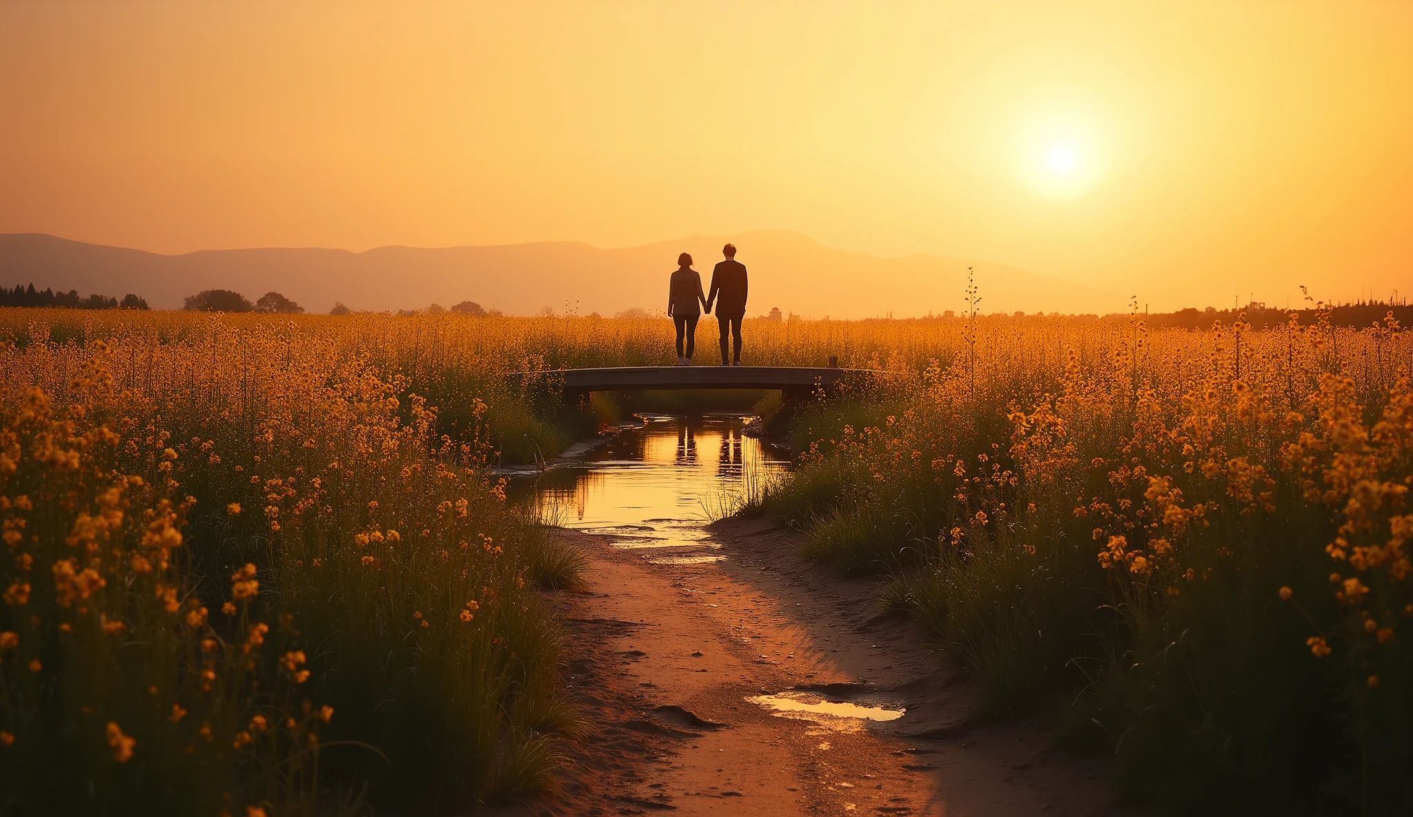 A serene countryside field at sunset, where a narrow dirt path winds through golden wildflowers, leading toward a small, weathered bridge crossing a gentle stream. In the distance, two silhouetted figures stand together on the bridge, framed by the warm glow of the setting sun and the soft hues of the sky. The stream reflects the vibrant colors of the sunset, and the surrounding landscape is dotted with tall, swaying grass. The atmosphere is peaceful and nostalgic, with muted tones and a cinematic style that evokes a sense of destiny, connection, and quiet fulfillment.