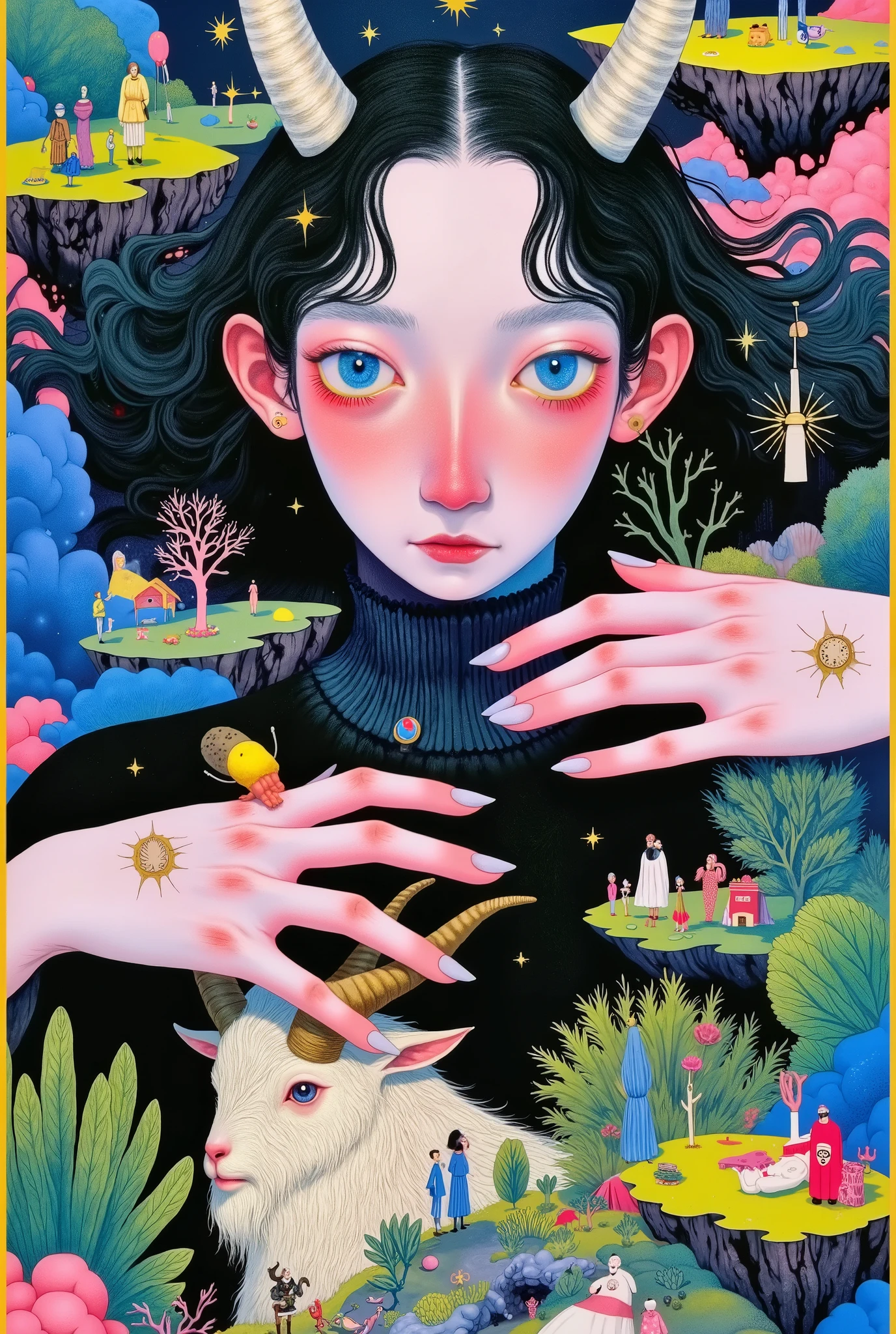 a painting of a woman with horns holding a goat, an ultrafine detailed painting by Tooth Wu, trending on cg society, pop surrealism, beeple and jeremiah ketner, japanese pop surrealism, japanese popsurrealism, beeple and james jean, james jean and wlop, jen bartel, lowbrow pop surrealism, painting by android jones