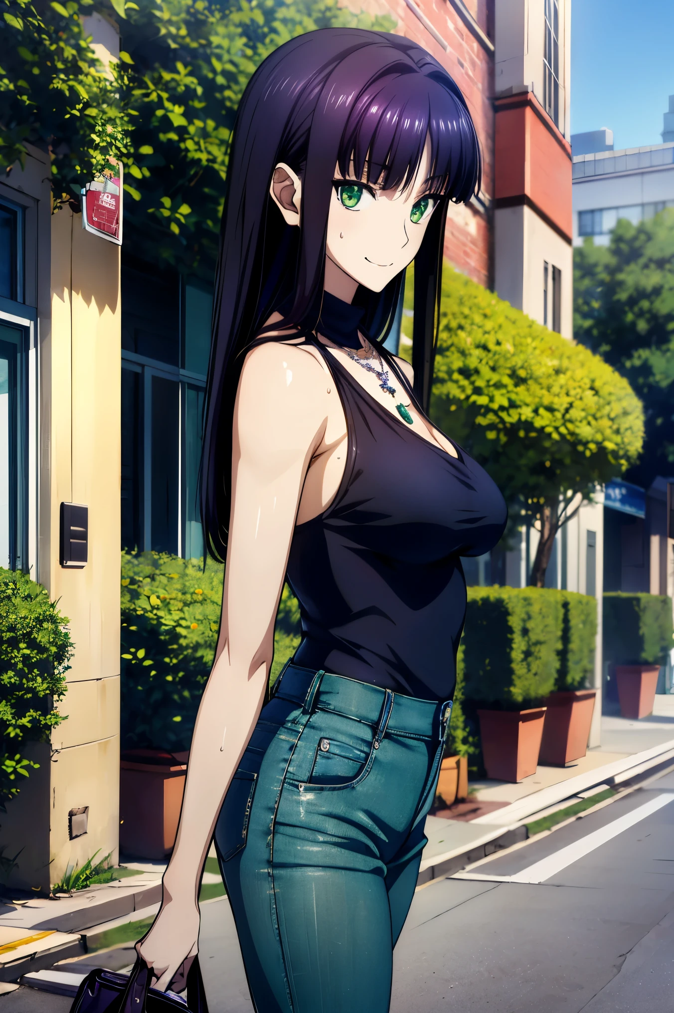 fuchsia black hair , mulberry colored hair, Connecting UHD and 8K , high resolution, High-definition CG , High Quality shadows, Beautiful and Delicate Face , beautiful delicate eyes ,break( Ultra-Fine8K壁紙),( Highly Detailed CG 8K Wallpaper ),Makima ( Chainsaw Man), Sukasach ( destiny / Grand Order Required ),Reika Shimodaira , oconnor , Very Delicate and Beautiful CG Illustration ,最 High Quality , Real Feel ,Realistic Fabric, realistic texture , beautiful thighs, big breasted 、 slim waist,(((Masterpiece))), (((最 High Quality ))),8k,32K,Masterpiece, Attractive beautiful anime woman , Ultra-Fine, tall Highly detailed , high resolution, Ultra Realistic High School Girl ,Masseter region, 最 High Quality , High Quality , high definition , High Quality のテクスチャ, High Quality シャドウ, high details, in detail,1 personの少女, high school student from the side,Alone,I,1 person,Alone,1 person, is tall,AS-Adult, adult ,Leg length, beautiful long legs ,8 heads, Statue :171cm, mature girl ,赤 purple hair,赤 purple hair, purple hair, Blackcurrant Hair , Silky Smooth Hair , colorful hair, straight hairs、4 ,smile, smiles happily , Vivid Expression ,かわいいsmile,Cool Beauty, beautiful woman with sweat on her face , pretty face, Beautiful realism, can be hung on a cross , Bewitching looks ,Quiet look, beautiful hair,She wears a necklace around her neck, necklace, ビーズ necklace ,Magatama Accessories,smile, colorful eyes, green eyes,Jade green eyes, beautiful eyes, bright eyes,Delicat eyes, Jewel Eyes ,Jade Eyes,Droopy eyes,( green eyes:1.5), enchanting face ,, sleeveless, turtleneck , sweater ,JINS,Blue denim pants,Ladies' bag , Behind the shoulder , daytime, standing with beautiful eyes , walking ,holiday,takeoutside,Bustling city, low fashion, blue sky,Building Street,Model Photo,,outside,takeoutside, viewers ,Model Photo, private,holiday