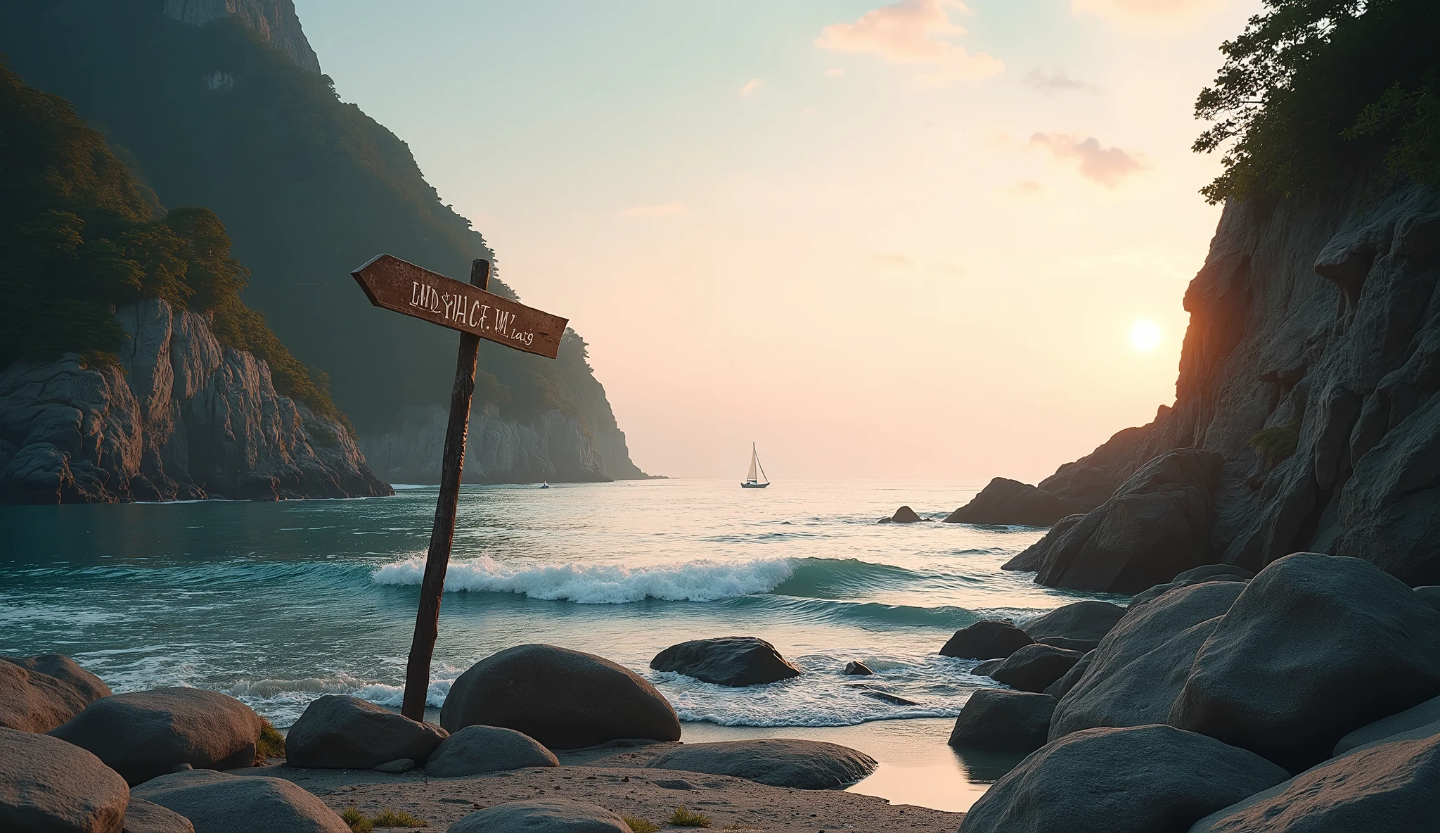 A tranquil, hidden cove by the ocean, bathed in the soft light of dawn. The gentle waves lap against smooth, weathered stones on the shore, while a small, rustic wooden signpost stands crookedly near the water's edge, its faded lettering pointing ambiguously toward the horizon. In the distance, a tiny sailboat drifts on the calm sea, its silhouette framed by the glowing pastel hues of the morning sky. Surrounding the cove, lush cliffs covered in greenery rise steeply, enclosing the scene in a sense of quiet isolation. The atmosphere is cinematic and nostalgic, evoking a sense of longing, discovery, and the search for an undefined destination.