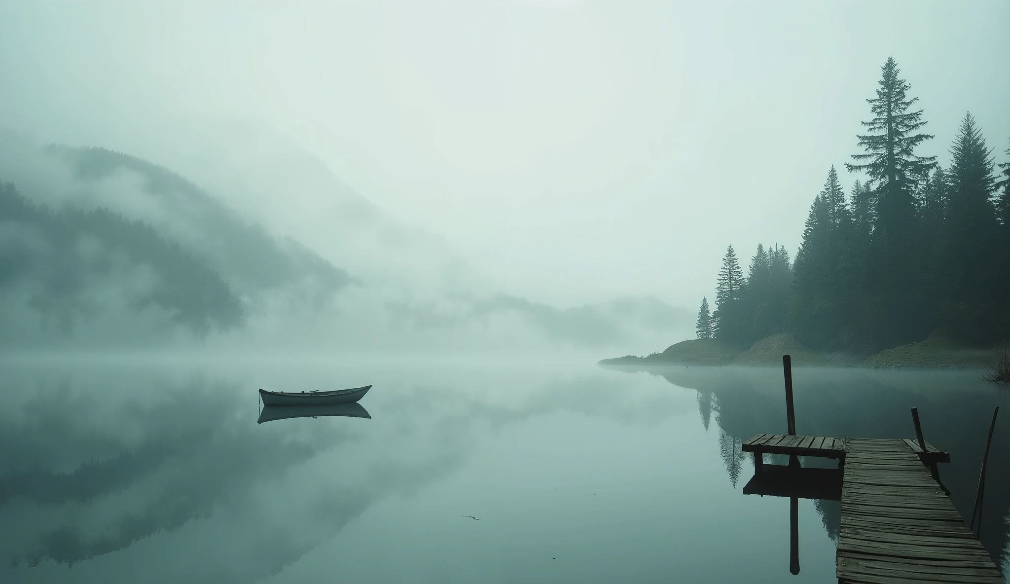 A secluded mountain lake at dawn, shrouded in thick, swirling mist that blurs the horizon and obscures the distant peaks. The glassy water reflects the pale, muted light of the sky, broken only by the faint ripples from a lone wooden rowboat drifting aimlessly. Nearby, a weathered dock juts into the water, its edges softened by the fog. Tall, shadowy pines loom in the background, their outlines barely visible through the haze. The scene feels cinematic and nostalgic, with subdued colors and a quiet, introspective atmosphere that suggests uncertainty and mystery.