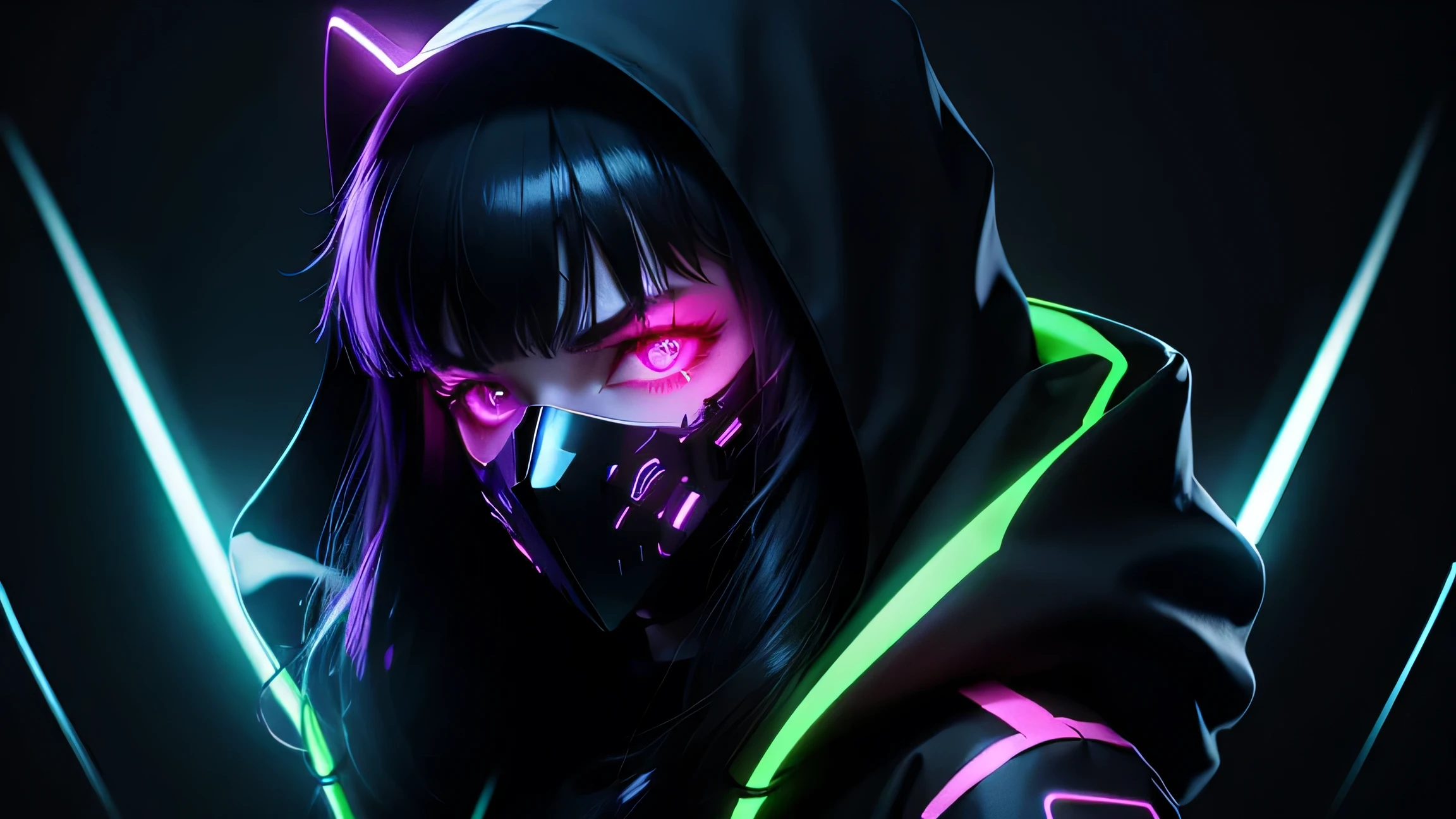 girl in a hoodie with a neon mask, Phantom Neon, Neon & Dark, profile picture 1024px, background image, Dark art style, neon cyberpunk, evil smile and glowing eyes, synthwave art, Neon Black, Cyberpunk art style, Scary style, bright glow of cyberpunk, Neon Digital Art, 4K wallpaper, 4K wallpaper, (erotica: 0.7)