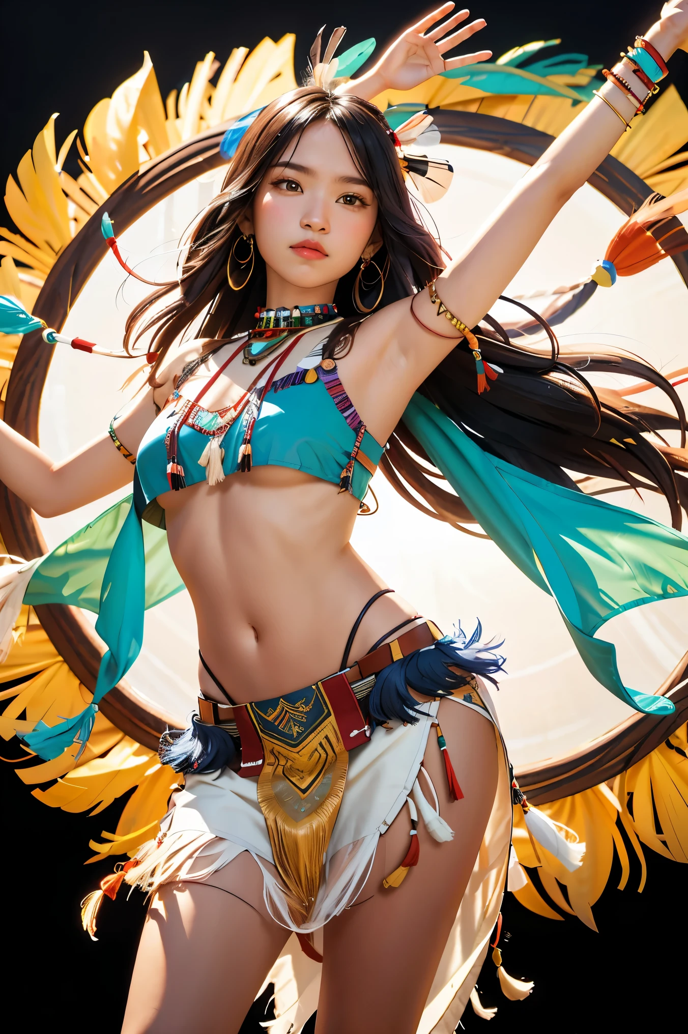 A Miss universe Myanmar girl. A unique piece of collage art and layer digital painting with what appears to be a collage of teared colorful clothes pieces, seamlessly blended with an abstract and surreal art style. She wears very short miniskirt and show her white panty to the public. Weather is windy. Her body is sexy.