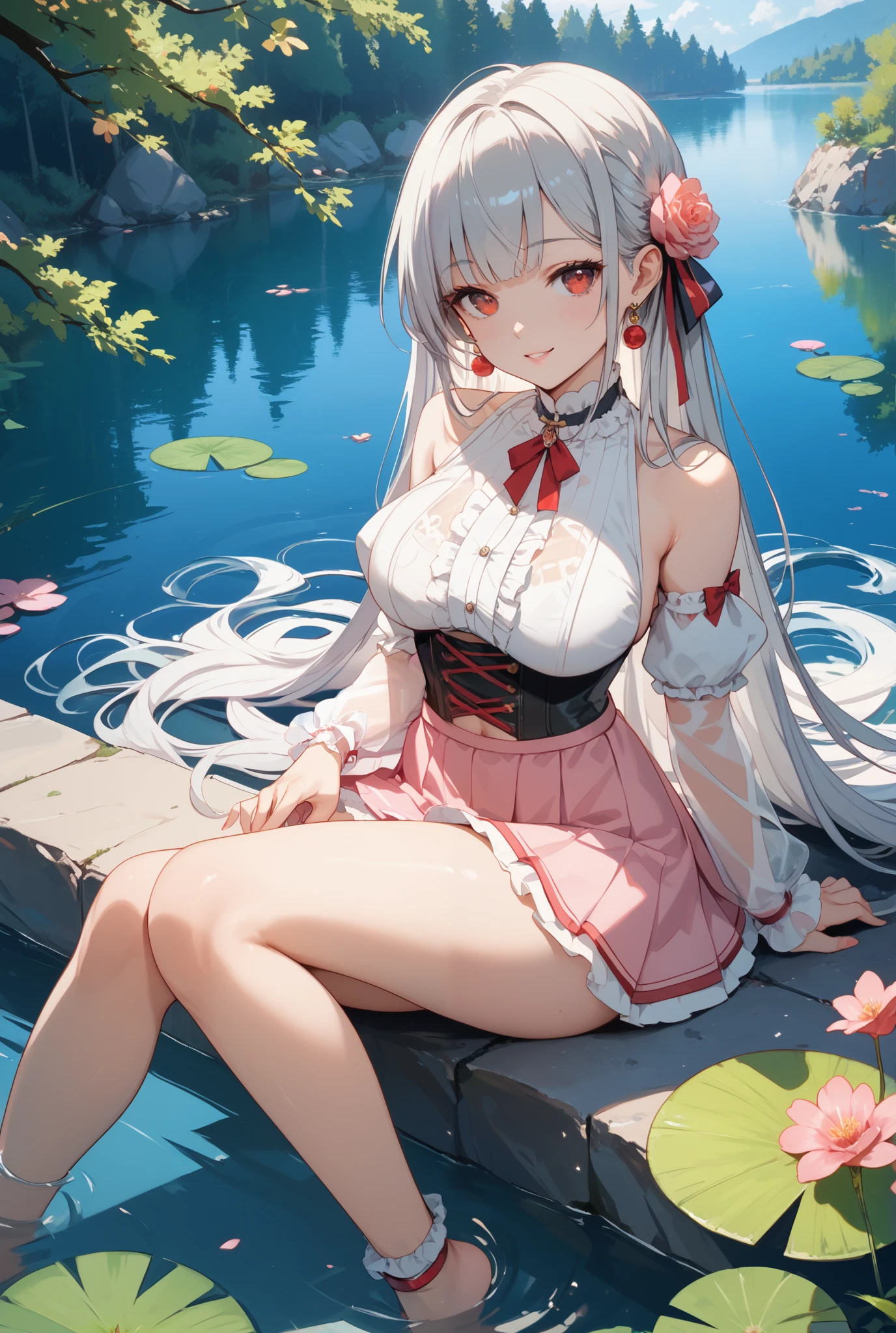 An anime girl ,s the perfect face,White hair,Sit on a tree,Image of woman style in white dress, The barefoot,Slim legs,white stockings,Hold a fan in your hand,Peach blossoms bloom in the surrounding area,petals floating in the wind,peach blossom、Pool as background