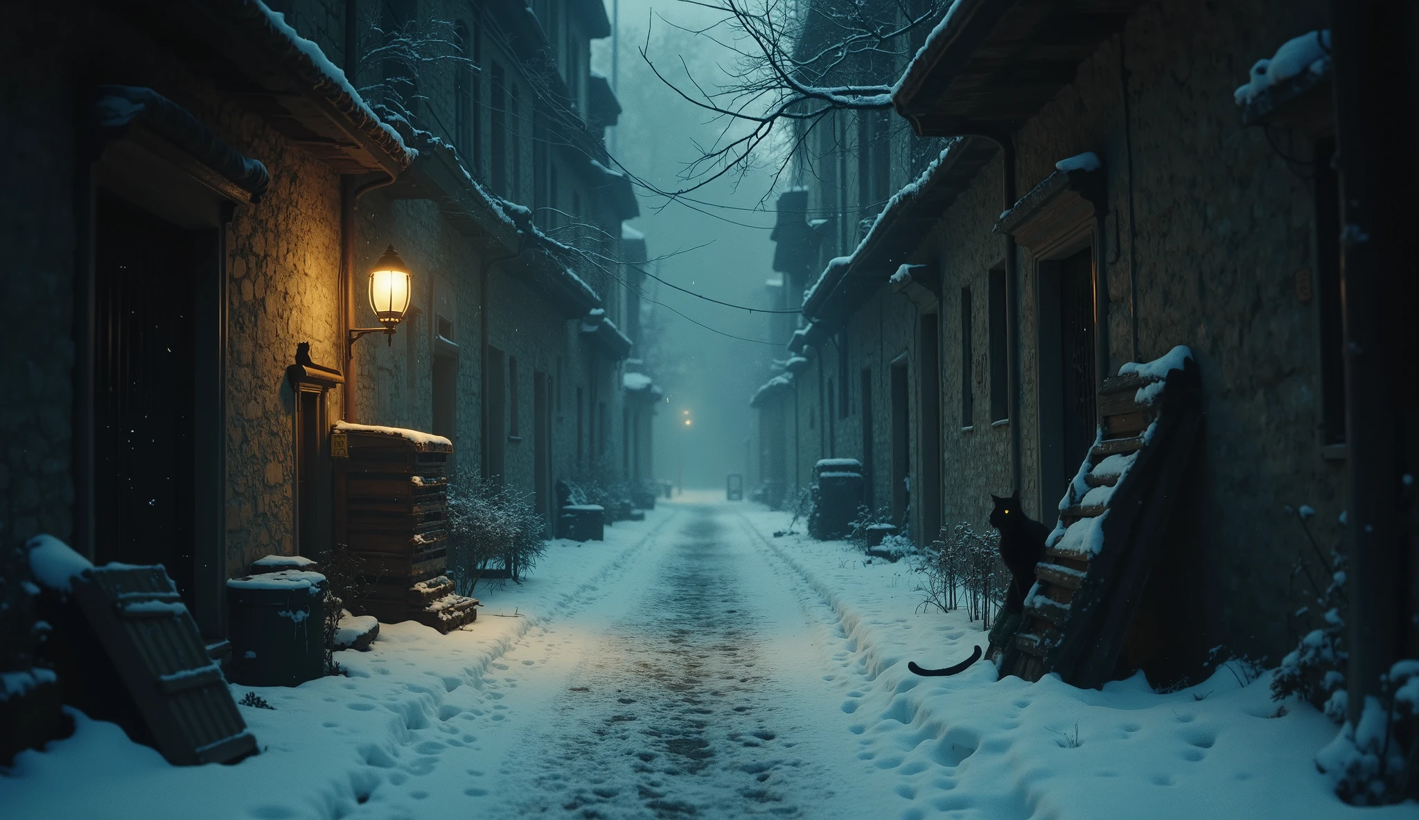 A mysterious alleyway illuminated by the soft glow of a distant streetlamp on a quiet, snowy night. At the center of the scene, faint paw prints trail through the fresh snow, weaving between scattered objects like an old lantern, an overturned crate, and a forgotten scarf. A sleek black cat perches silently on a crumbling stone wall, its silhouette outlined against the hazy backdrop of tall, shadowy buildings. The atmosphere feels timeless and enigmatic, with muted colors and a cinematic style that evokes resilience, curiosity, and untold stories.