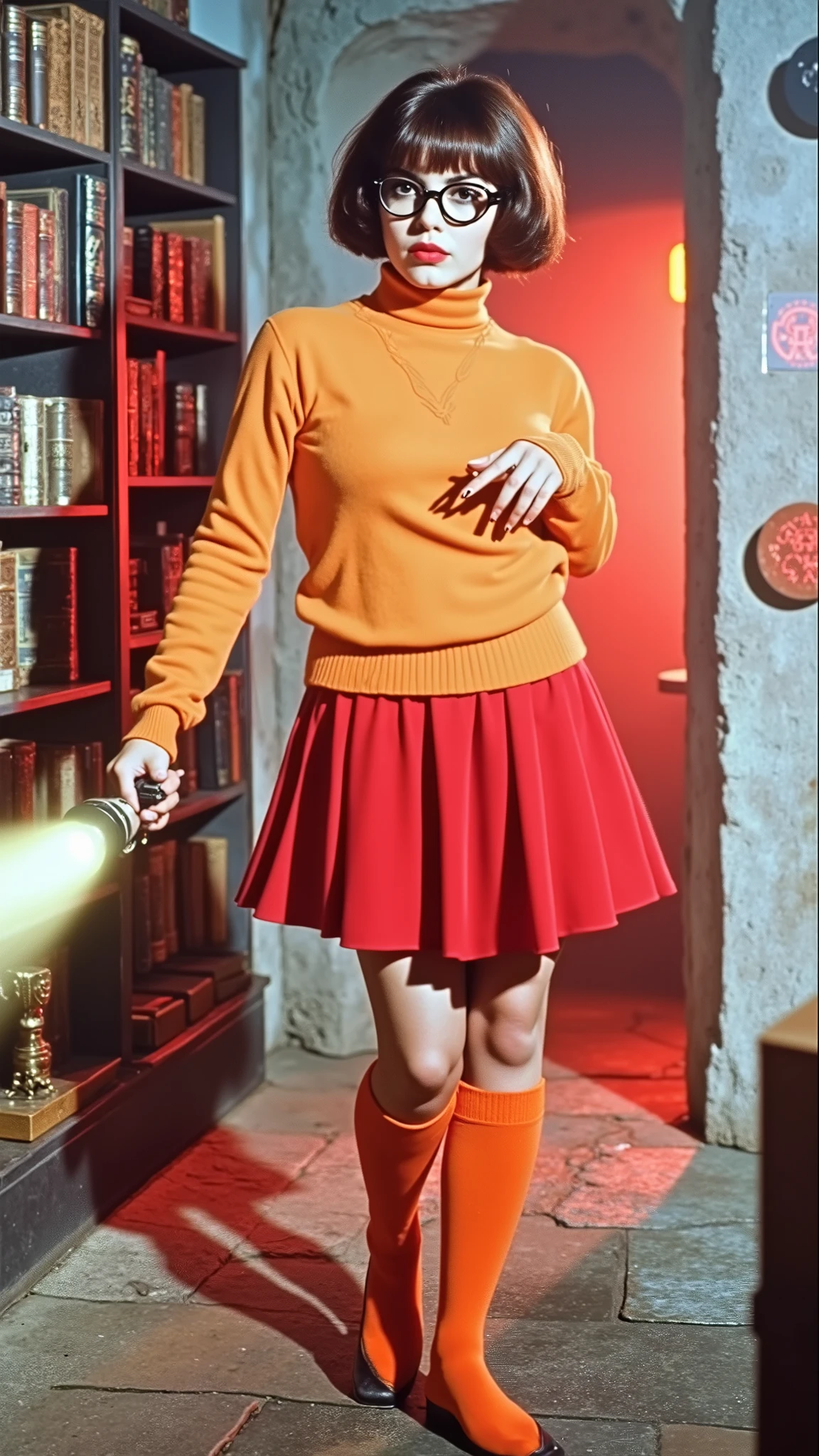 A realistic depiction of Velma Dinkley from Scooby-Doo as a dark fantasy character, styled in a Panavision 1970 cinematic aesthetic. A young woman with short brown hair and round glasses, wearing an orange turtleneck sweater, a red skirt, and orange knee-high socks. She holds a flashlight and stands in a haunted library filled with ancient books and glowing symbols. The scene uses dramatic lighting with eerie reflections on her glasses, creating a mysterious and intellectual atmosphere. Ultra-detailed clothing textures and lifelike realism.