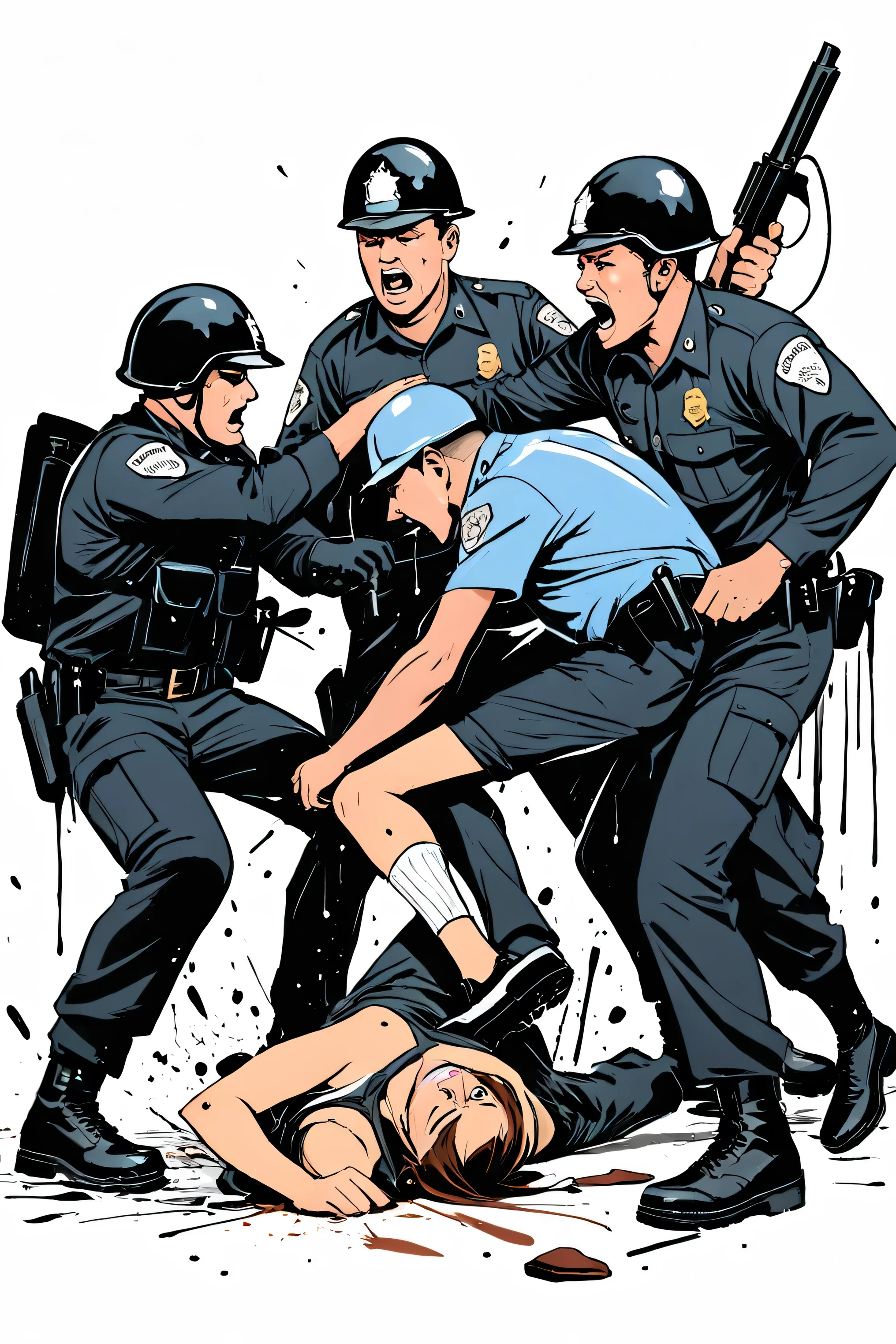 make art work, police are being beaten by residents, 1 color (black), white background