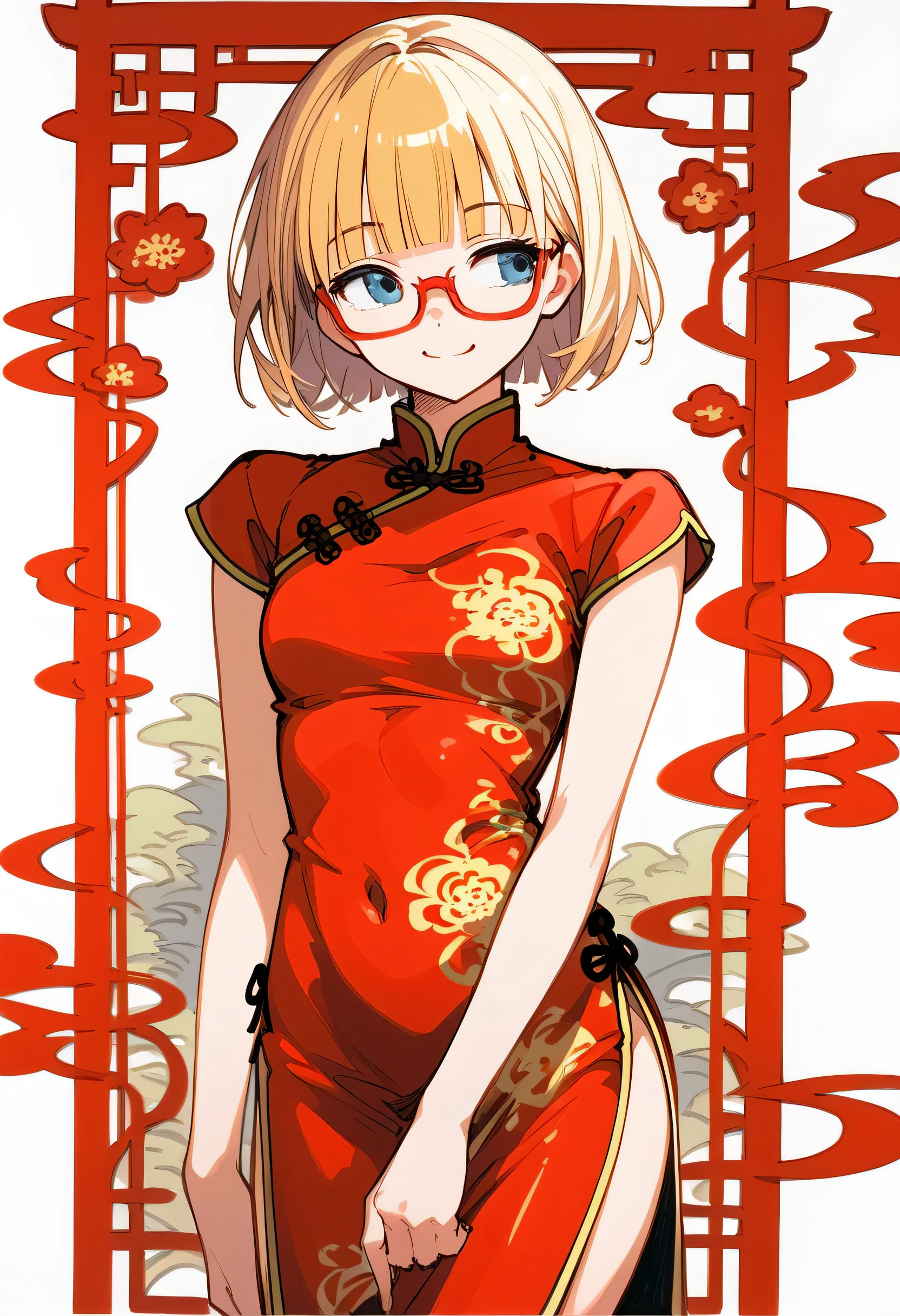 score_9, score_8_up , score_7_up ,source_anime, source_comic,source_illust,( wariza),(looking away),Alone,blonde short hair,blunt bangs ,eyelash,glasses,cute face,smile, red china dress with slits,Chinese traditional crafts ,Traditional Chinese Noble Wallpaper ,8k,(manga style),(sketch),(illustration),