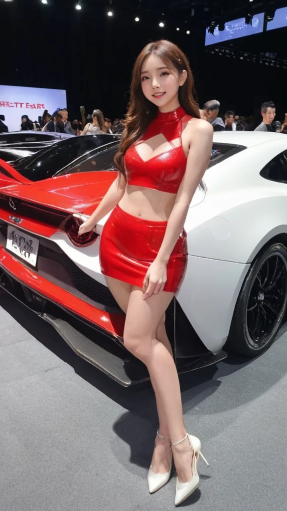 (((masterpiece, highest quality,8k ,Super detailed,hyper quality))),((サーキットイベントでlace queenがracing car前に立ちファンのカメラに向け手を振っている)),(whole body,looking at the camera),(circuit field,outdoor,sunny,racing car),lace queen,Beauty,sexy,glamorous,ponytail,big breasts(1.7),constricted waist,small ass,long thin legs,lace queenのコスチューム(open chest),mini skirt(slits on both sides),Pin heel long boots,