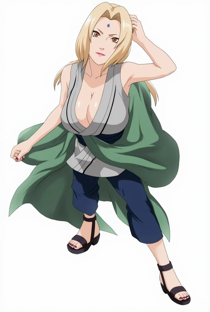 a woman smirking in a green coat and jeans posing for a picture, tsunade from naruto, from naruto, female anime character, inspired by Kusumi Morikage, inspired by Nishikawa Sukenobu, tatsumaki from one punch man, wearing only a green robe, kunoichi, dressed in a green robe, haruno sakura, anime character, studio ghibli art style