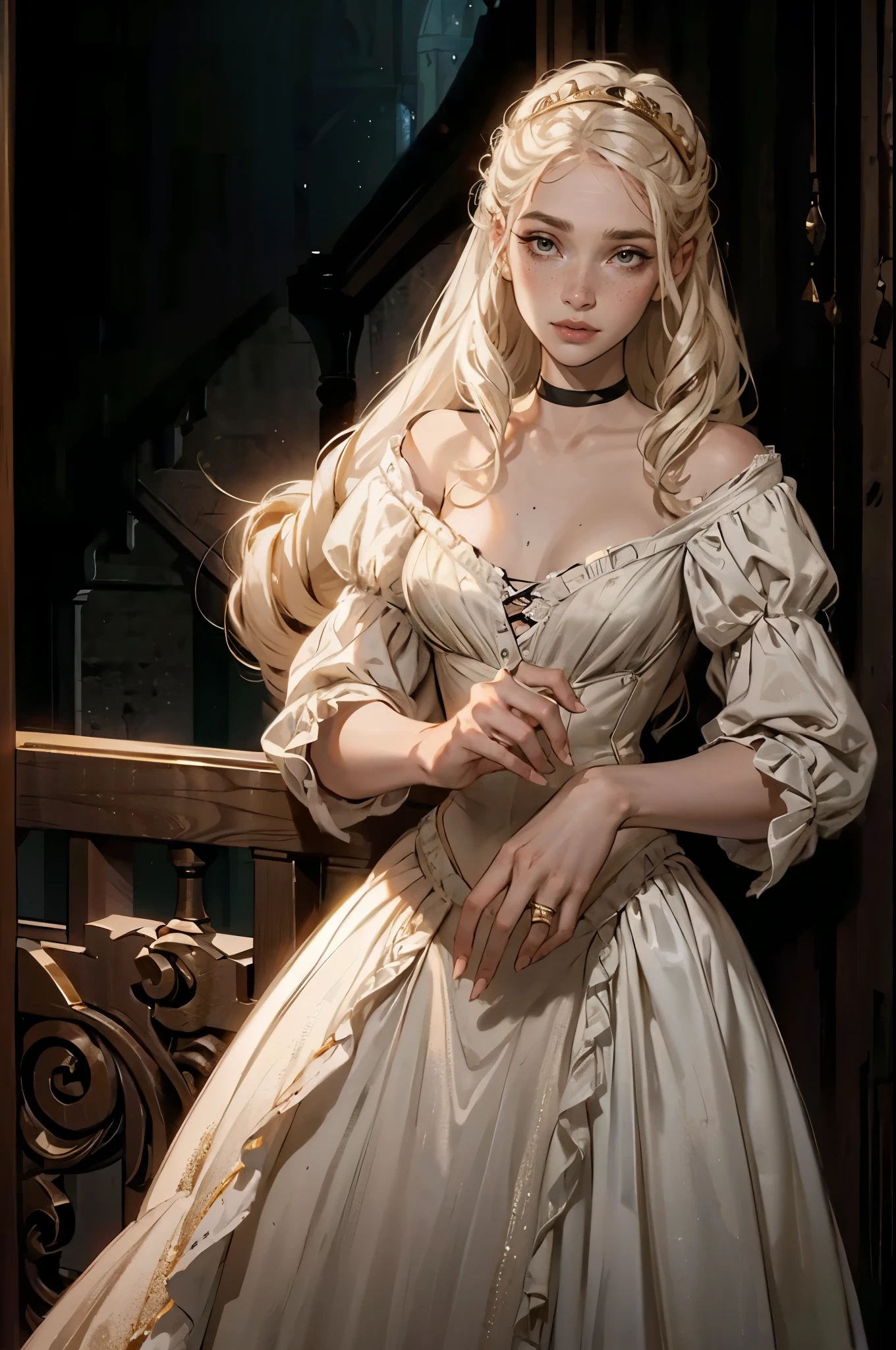 (high quality,HD,4k:1.2) a young noble girl, young noble vampire, anorexic body, a white long hair, a little shy smile, freckles, grey eyes, rich white clothes, pretty innocent face, gown made from silk, soft pale skin, gold rings on her fingers, choker on her neck, she a vampire daughter, a young noble girl, dark medieval ballroom on background, dark night on background