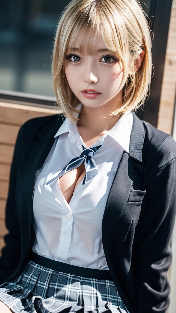 Rained，gale,(downpours),（best qualtiy，8K, Yes，32K，tmasterpiece，hyper HD：1.2），18 years old，Pretty japanese woman，big cleavage breasts，Blonde hair，Very short Bob hair，fully body photo，office lady uniform，raincoat , (8K, RAW photos, Best quality, Masterpiece: 1.2), Real people, Have on the street，(On the streets where it rains heavily),Drenched，rain，No umbrellas