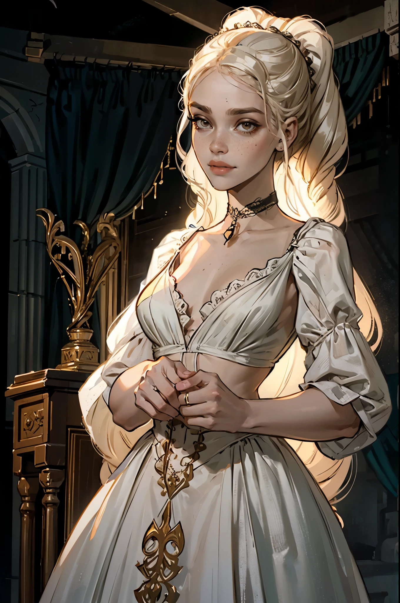 (high quality,HD,4k:1.2) a young noble girl, young noble vampire, anorexic body, a white long hair, a little shy smile, freckles, grey eyes, rich white clothes, pretty innocent face, gown made from silk, soft pale skin, gold rings on her fingers, choker on her neck, she a vampire daughter, a young noble girl, dark medieval ballroom on background, dark night on background