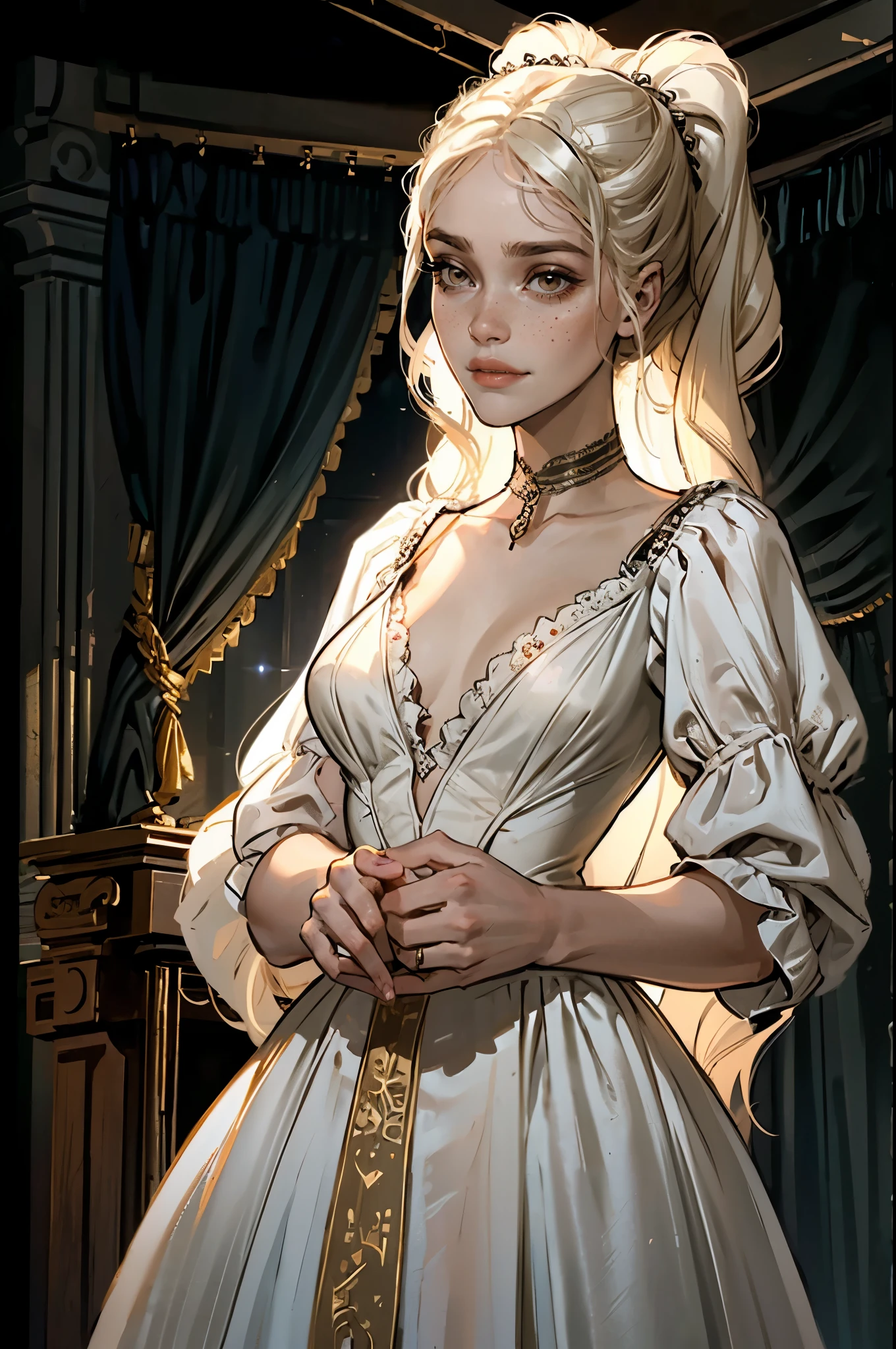 (high quality,HD,4k:1.2) a young noble girl, young noble vampire, anorexic body, a white long hair, a little shy smile, freckles, grey eyes, rich white clothes, pretty innocent face, gown made from silk, soft pale skin, gold rings on her fingers, choker on her neck, she a vampire daughter, a young noble girl, dark medieval ballroom on background, dark night on background