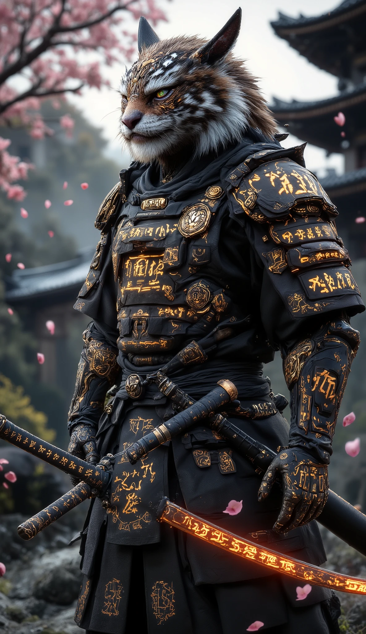 "A samurai tiger humanoid, dressed in intricately designed samurai armor with traditional Japanese patterns. Holding a katana with a cherry blossom hilt. The setting is a serene Japanese garden at dusk, with falling cherry blossoms and a pagoda in the background. Ultra-realistic textures, cinematic composition."