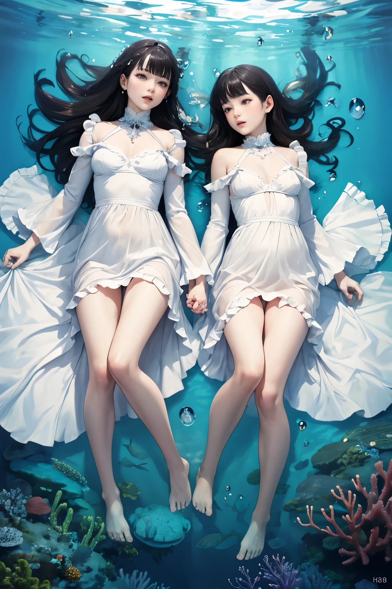 masterpiece,hyper-realism,photo-realistic,ultra-detailed,beautiful face,2girls,beautiful girls lying on back on Deep Water Bottom,under the water,(legs apart,spread pussy,in the deep water),simple background,(Japanese girl,Swedish girl:0.7),bangs,pale skin,slender body,(small-breasts,long-sleeve frills long dress,barefoot),in the dark Room,(full body shot,from a distance),top view,various hair,various body-types,Bubbles,Small bubbles from the mouth and nose and pussy