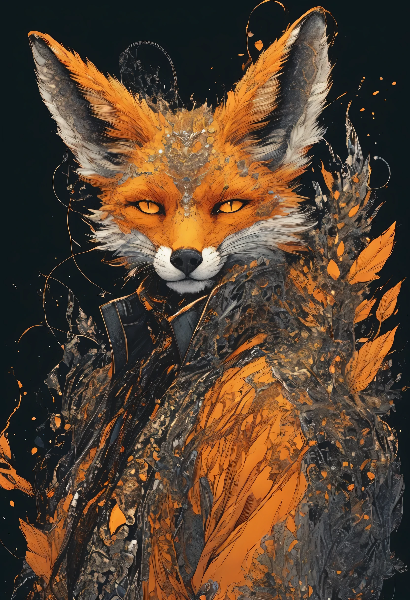  Nova Chroma Style Glitter,Split Composition  , A bewitching hard rock singer with a fox face 、 a rock vocalist with a fox face is singing a song、Upper body Esbian、 realistic、  Moving Poses 、 holding a microphone 、 illustrator 、 Orange and yellow style 、  white background 、Detailed Description 、  anatomically accurate  、Accurate body depiction 、sinozick style, 