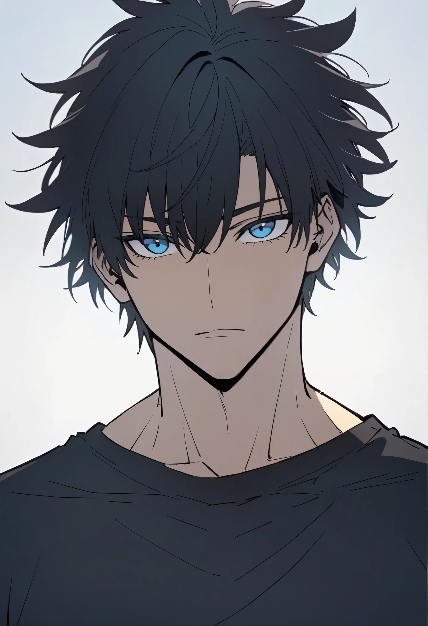 Handsome, solo, male, tall, muscular, short hair, black hair, blue eyes, black t-shirt, looking at viewer, facing viewer, simple background, white background