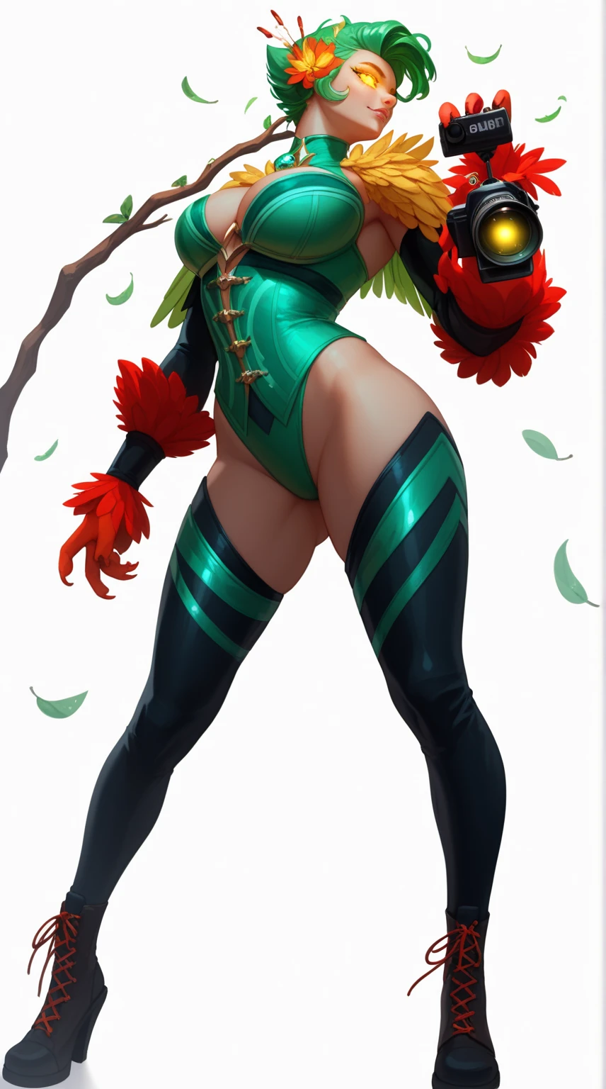 ((Masterpiece, plain background:1,2, masterpiece)) full body standing yellow tiger print stockings, hands on waist, navel (Akimoto Komachi) (green eyes:1.5) green hair, short hair, hair band, hair ribbon
